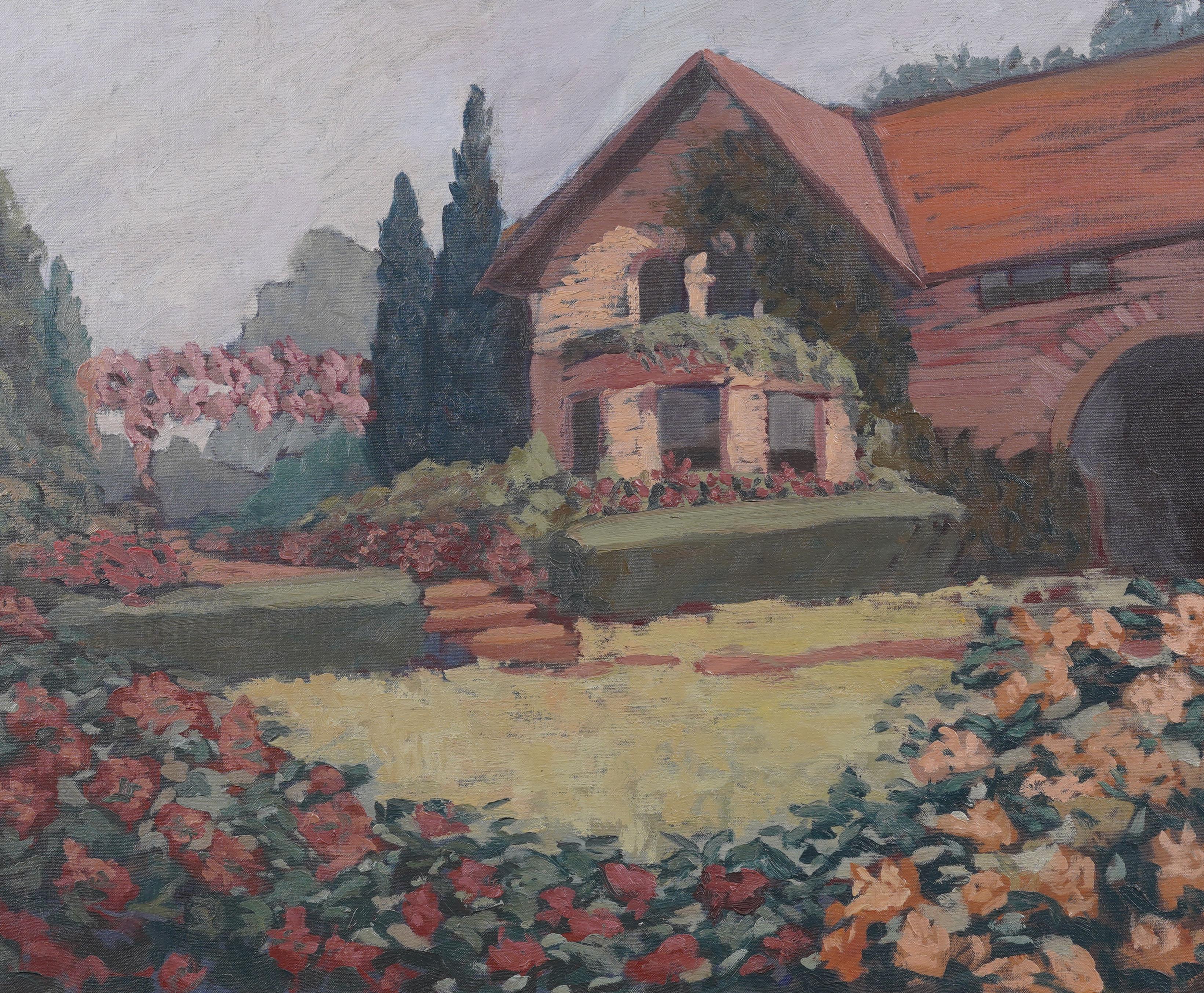 Vintage American Impressionist Blume Landschaft Ölgemälde. Öl auf Leinwand. Gerahmt. Messen: 36 von 46 Zoll insgesamt und 30 von 40 Malerei allein.  Hübsch gerahmt in breiten Goldholzleisten.  Ausgezeichneter Zustand, bereit zum Aufhängen und