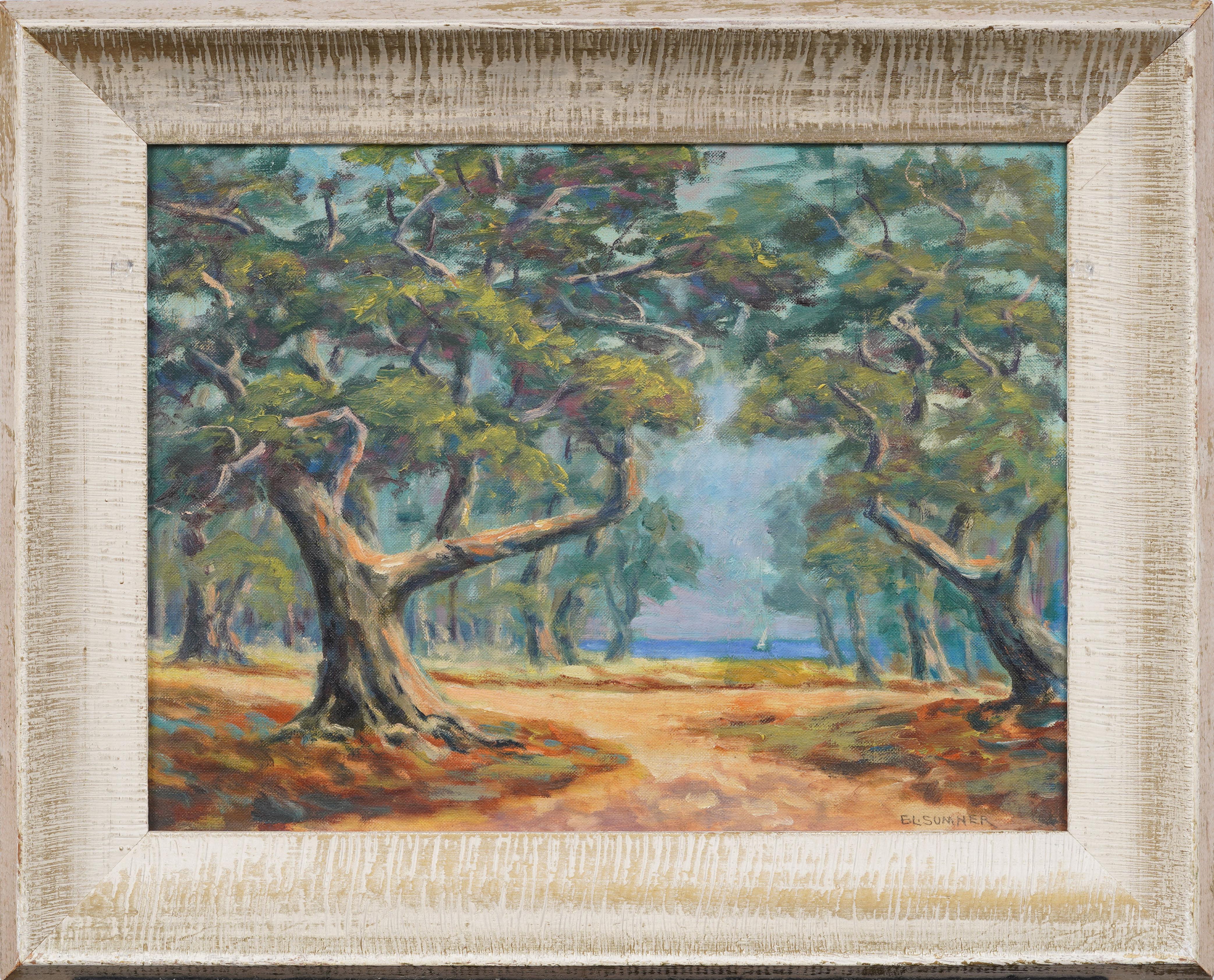 Vintage American Impressionist Landscape Signed Lake Scene Encadré Peinture à l'huile