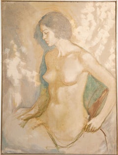 Vintage Impressionista Americano Grande Donna Nuda Interno Pittura ad Olio Incorniciata