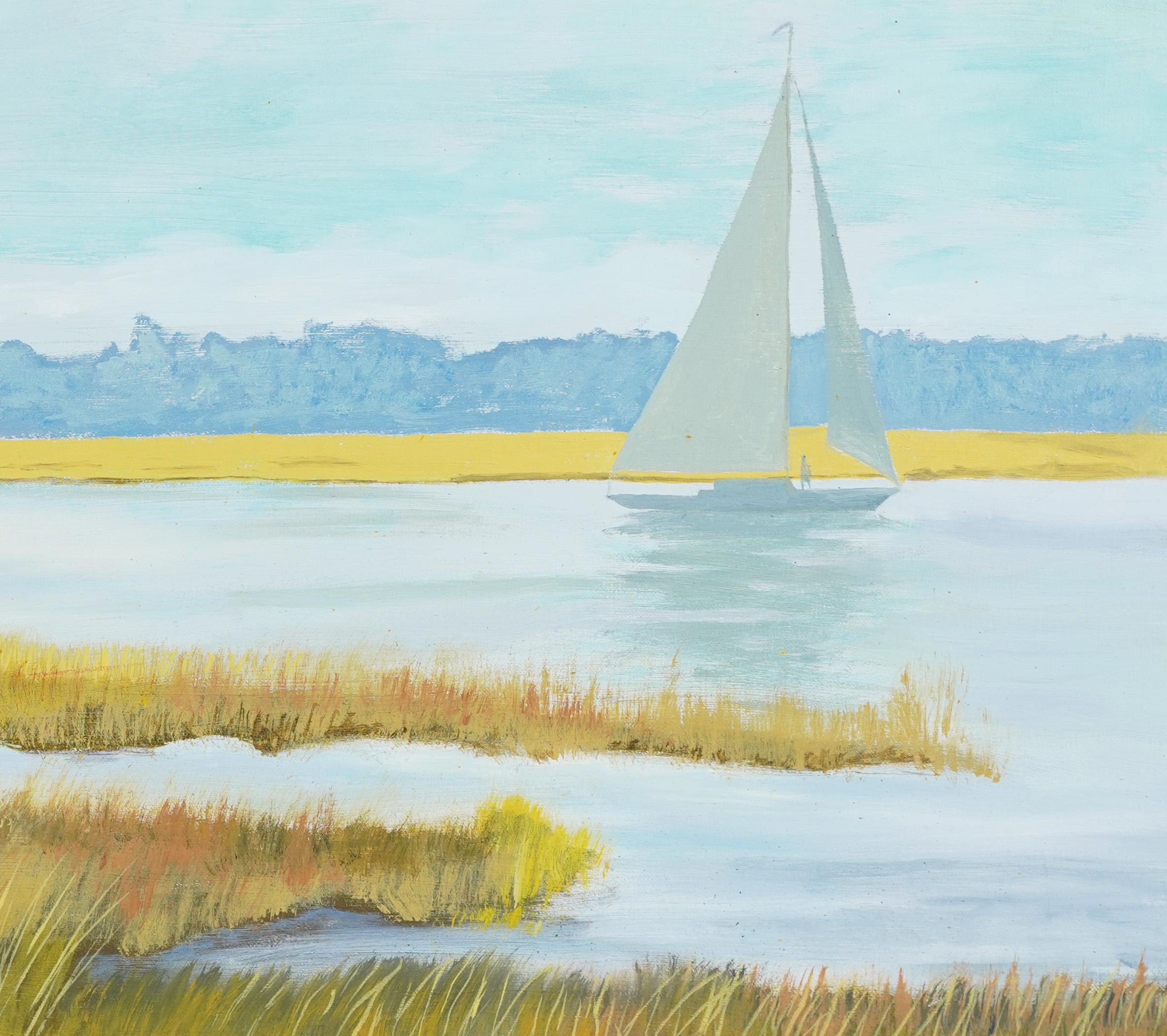 Vintage American Impressionist New England Salt Marsh Sailboat Oil Painting - Gray Landscape Painting by Unknown