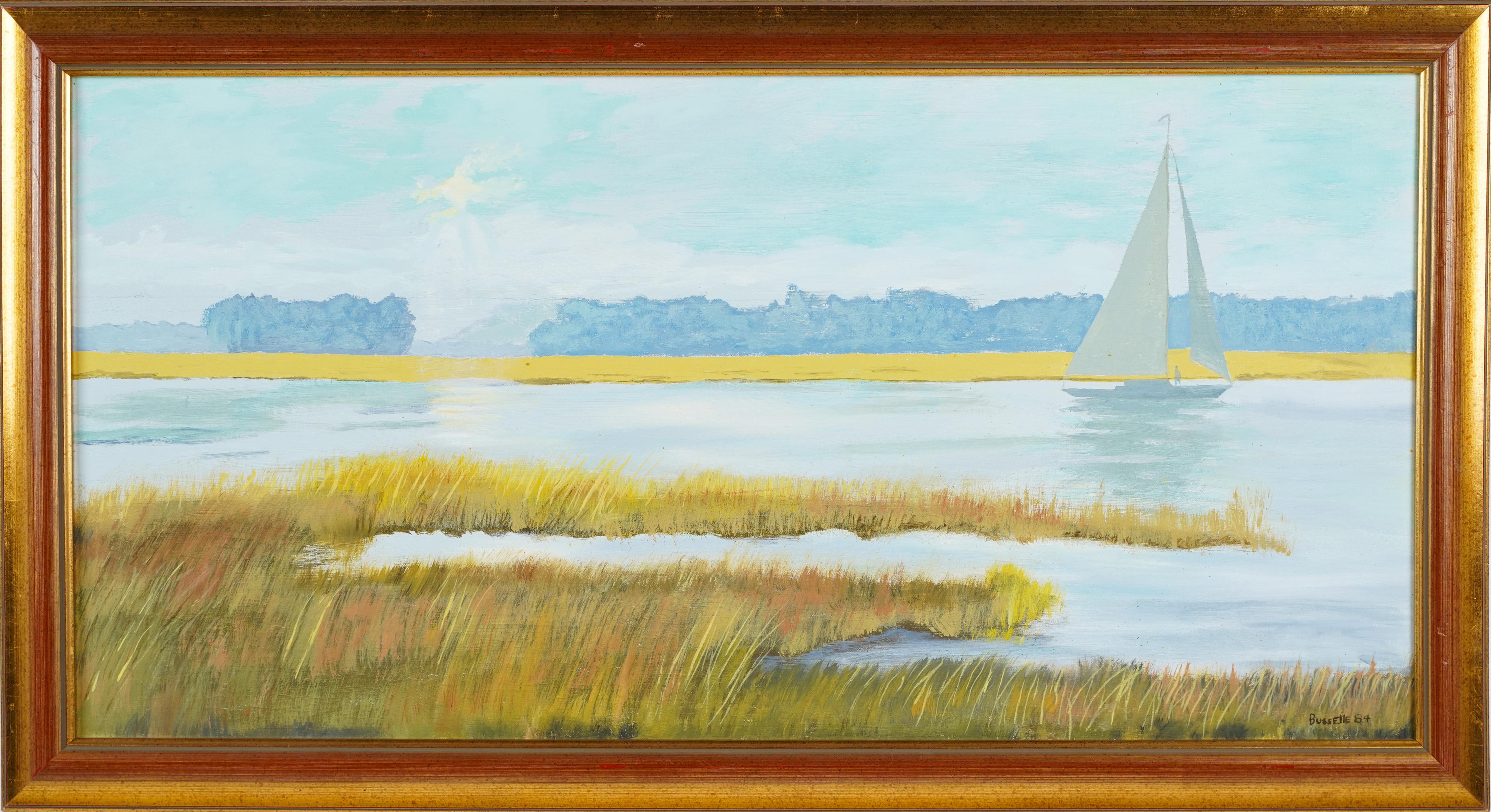 Unknown Landscape Painting - Vintage American Impressionist New England Salt Marsh Sailboat Oil Painting
