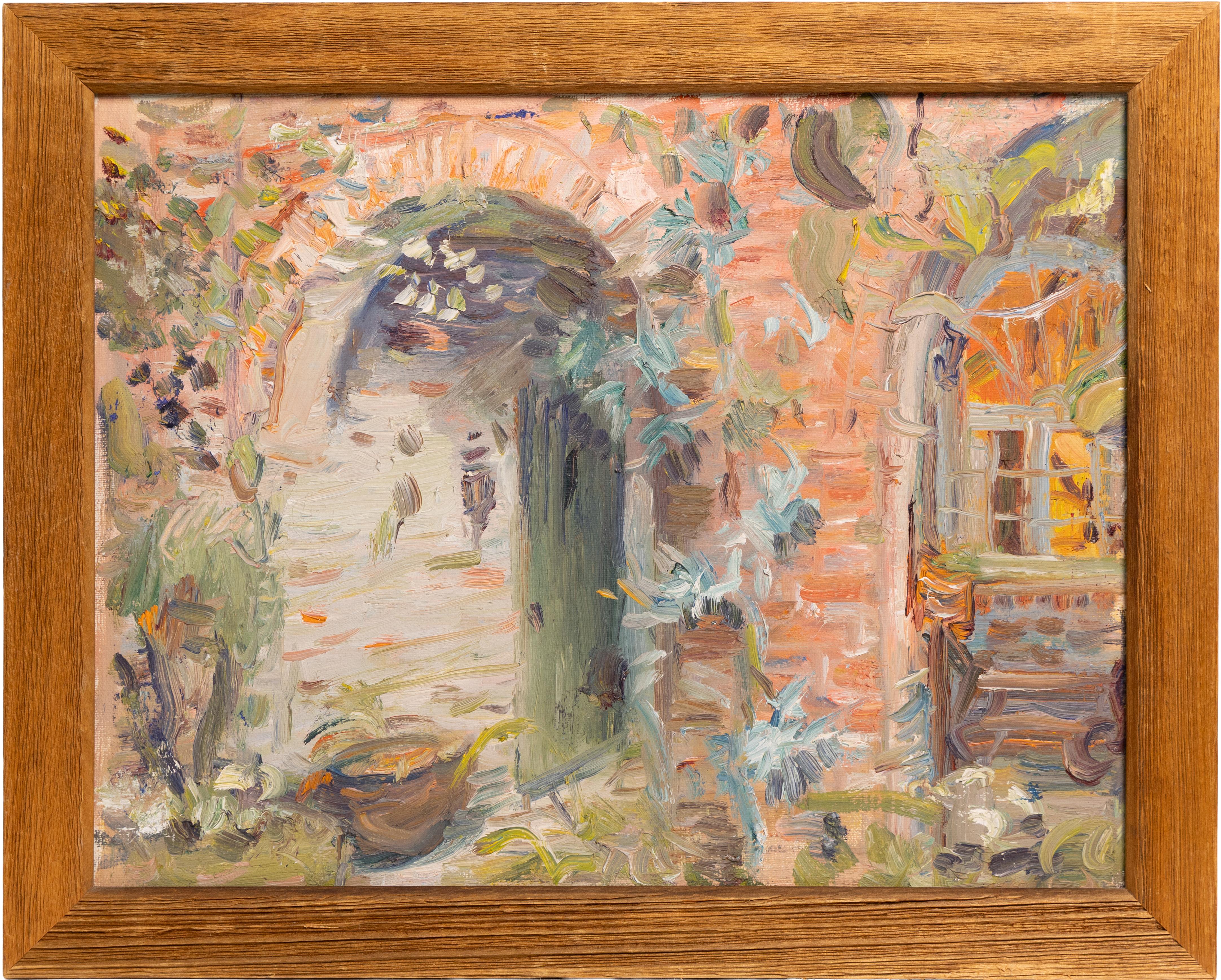 Vintage American Impressionist New Orleans Courtyard Framed Landscape Painting
