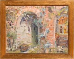 Vintage American Impressionist New Orleans Courtyard Framed Landscape Painting