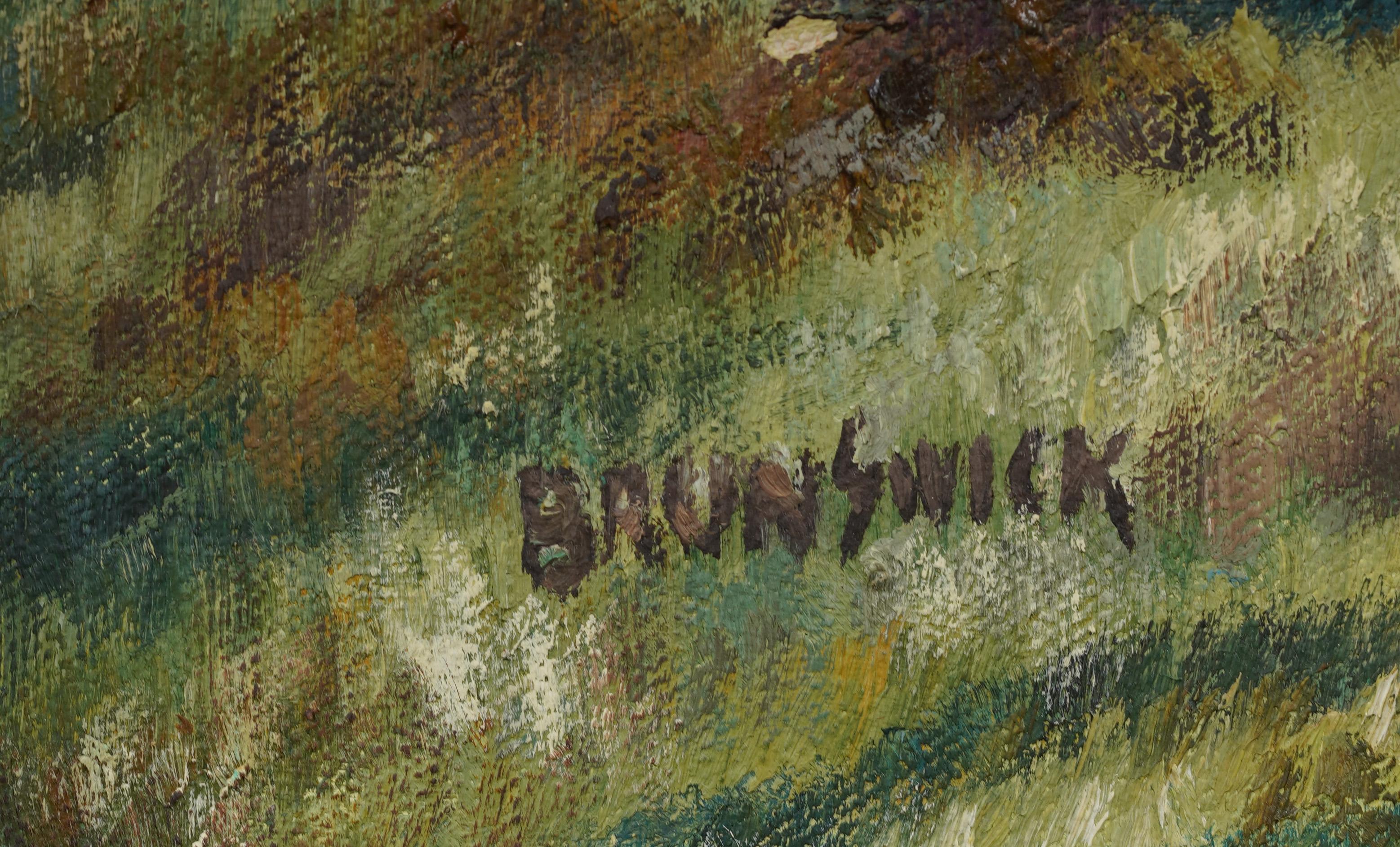 Impressionista americano d'epoca, ben incorniciato e firmato, dipinto a olio su un paesaggio - Landscape Painting Grigio di Unknown