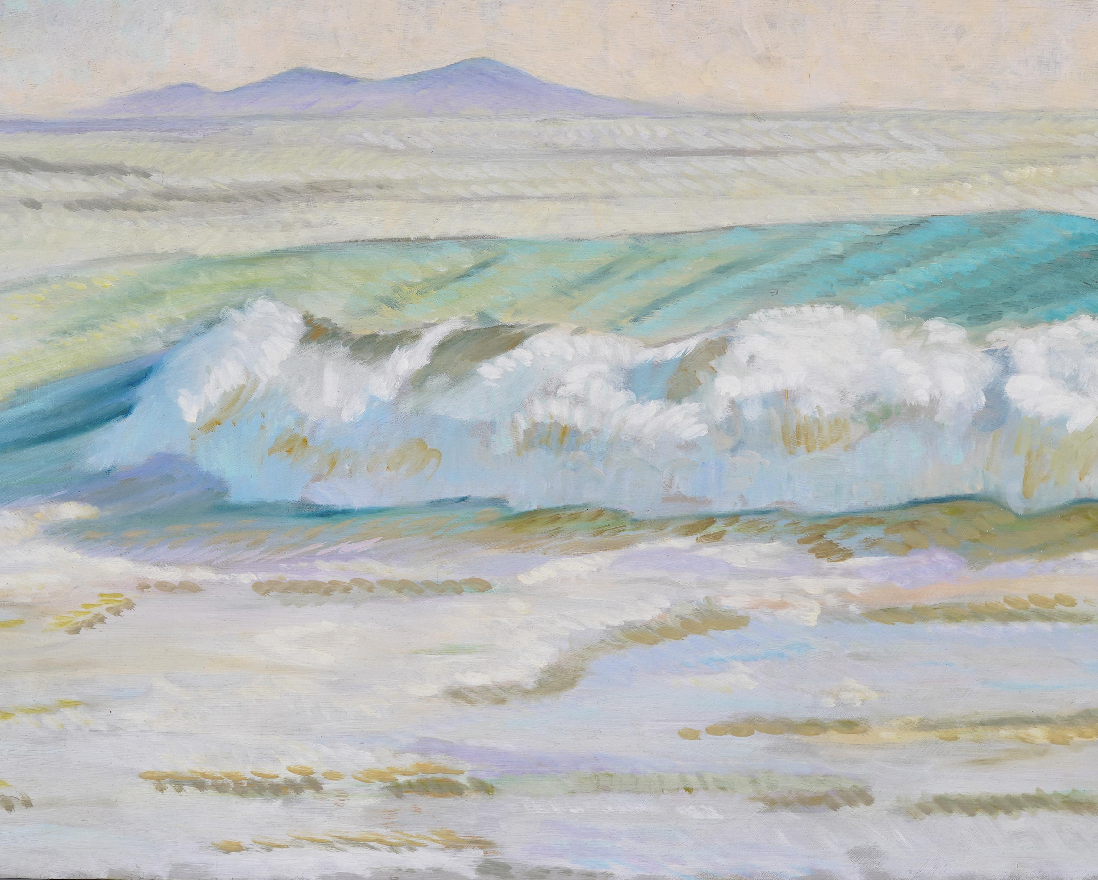 Scène de plage côtière californienne très joliment peinte.  Huile sur planche.  Signé au verso.  