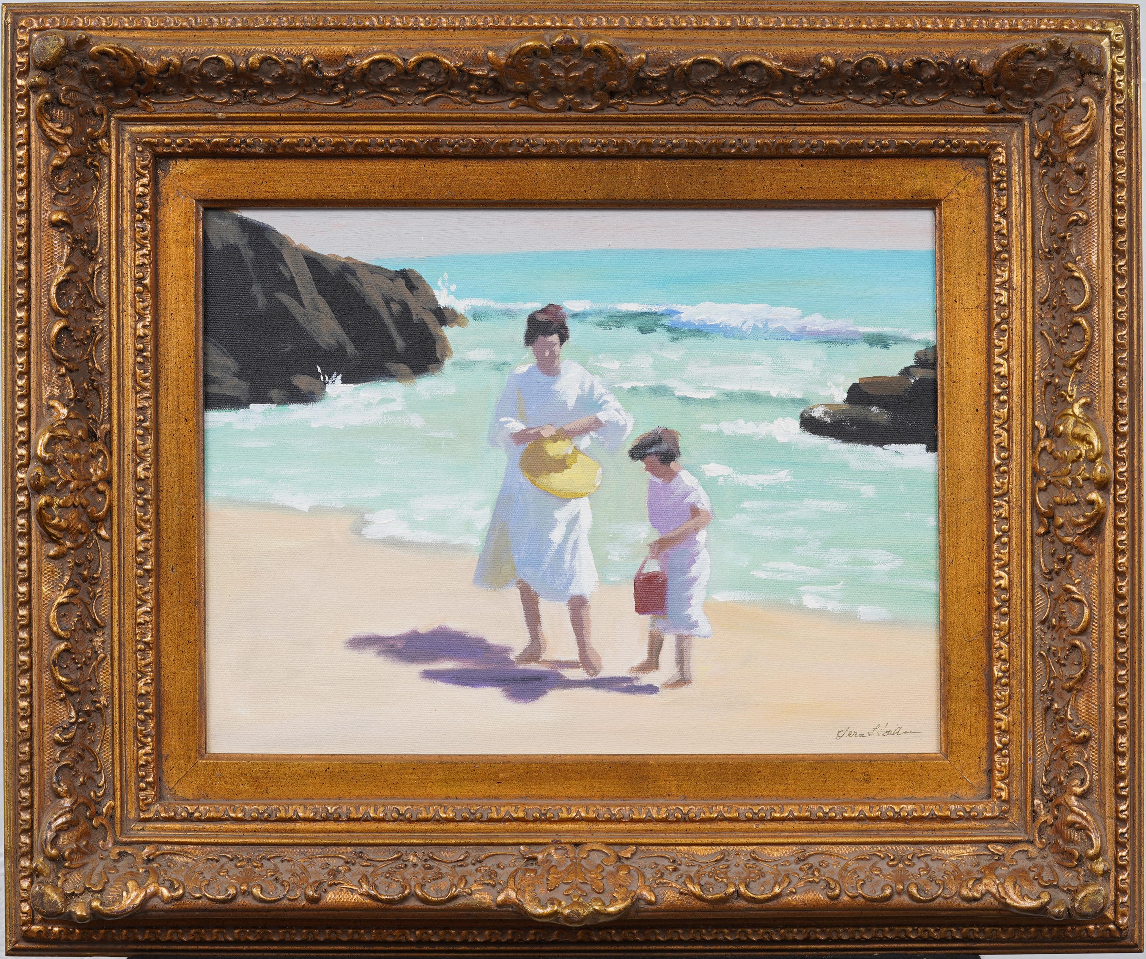 Vintage Impresionista Americano Firmado Escena de Playa Enmarcado Pintura al Óleo Original - Painting de Unknown