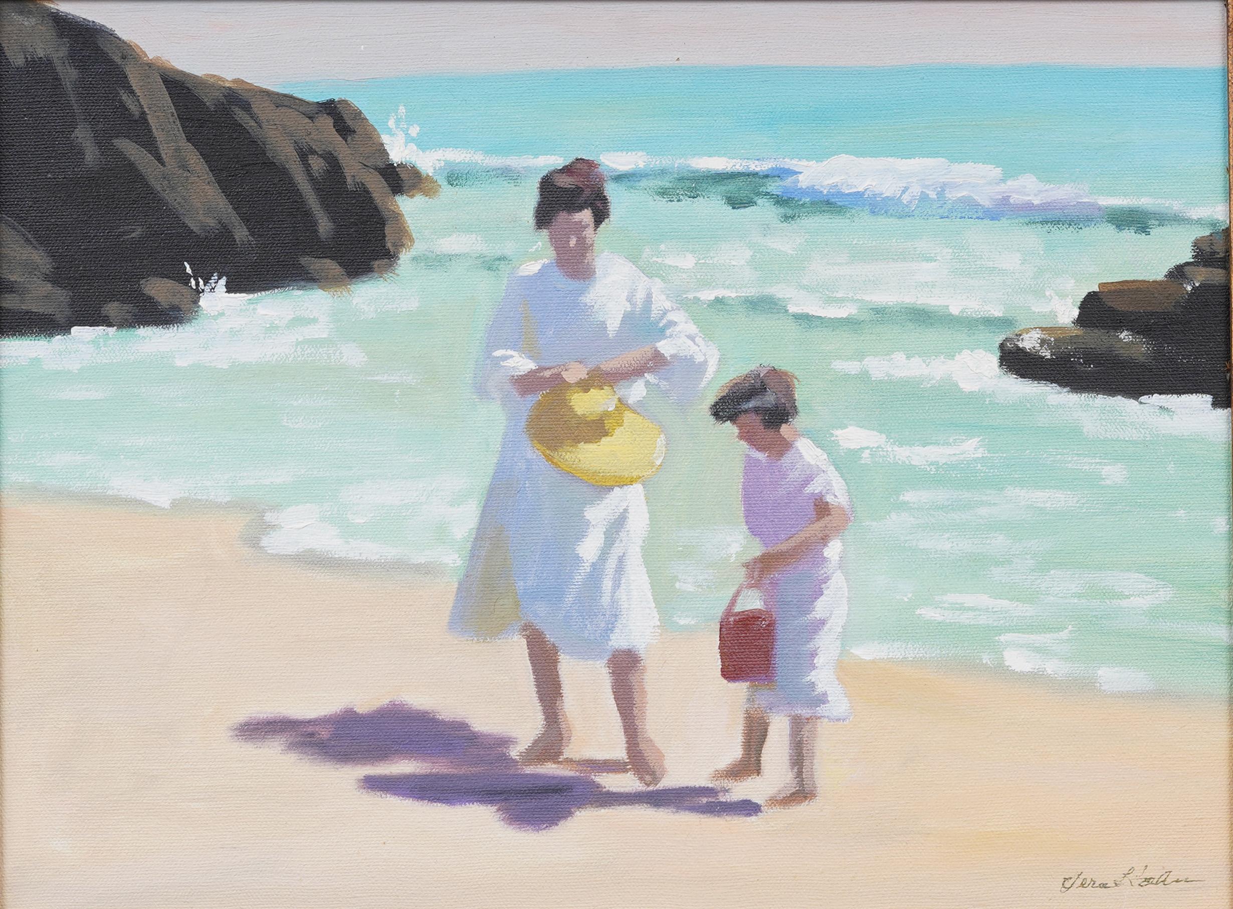 Vintage Impresionista Americano Firmado Escena de Playa Enmarcado Pintura al Óleo Original - Painting Abstracto de Unknown