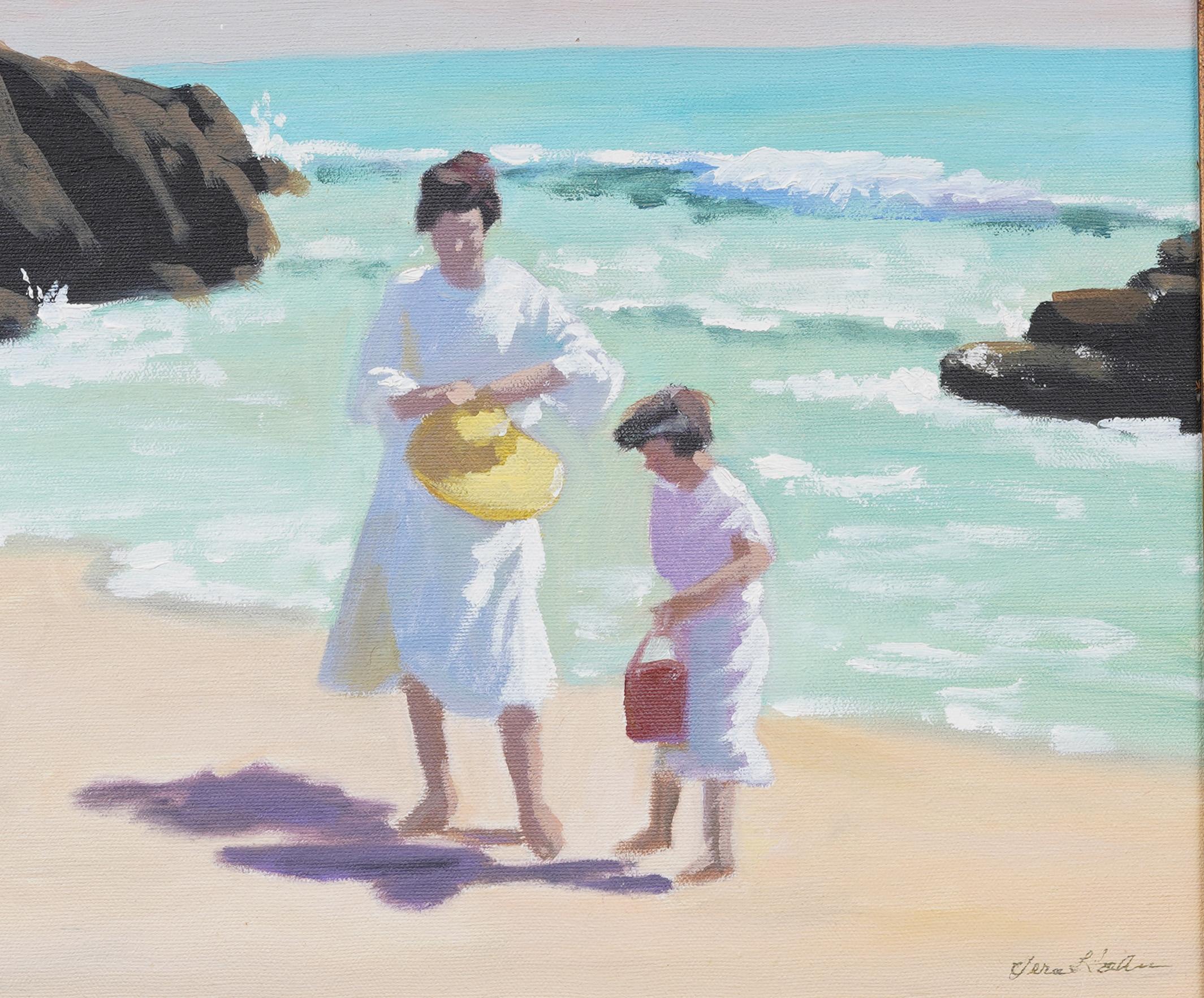 Escena de playa impresionista americana muy bien pintada.  Una bonita vista veraniega con varias figuras a lo largo de la orilla.  Firmado abajo a la derecha de forma ilegible.  Magníficamente enmarcada en un amplio marco dorado de madera dorada. 