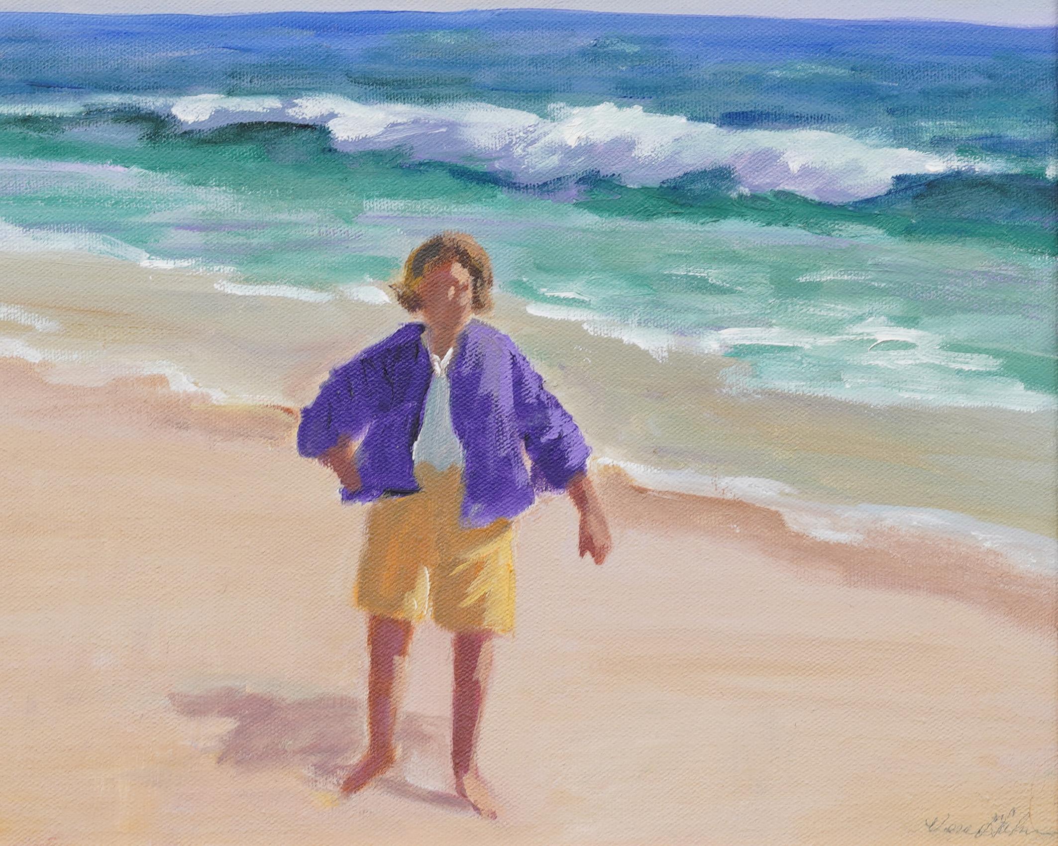 Sehr schön gemalte amerikanische impressionistische Strandszene.  Eine schöne Sommeransicht mit einer Figur, die am Ufer entlang geht.  Unten rechts unleserlich signiert.  Hübsch gerahmt in einem breiten Gold-Goldholz-Rahmen.  Messen 19 von 22 Zoll