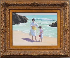 Vintage Impresionista Americano Firmado Escena de Playa Enmarcado Pintura al Óleo Original