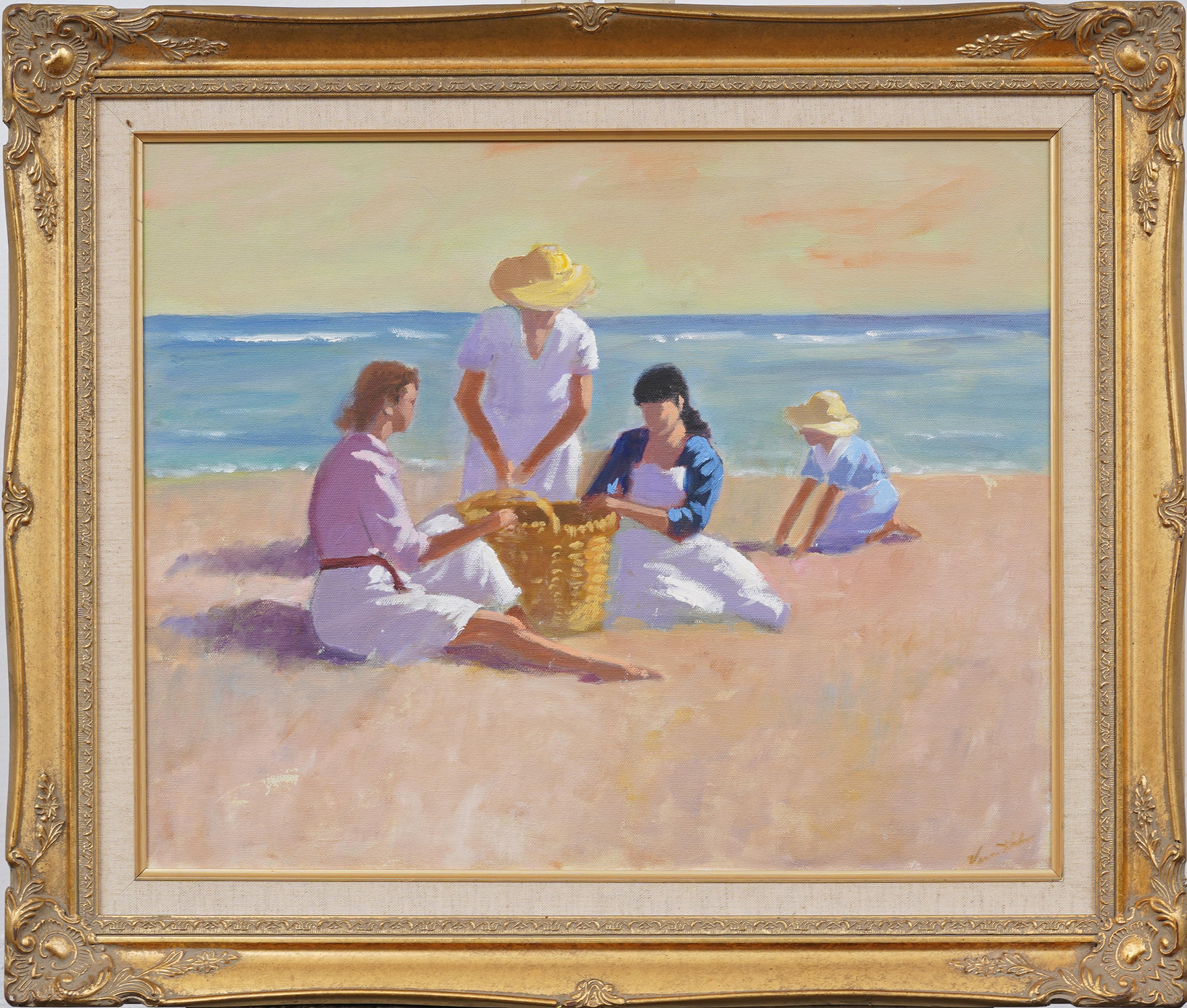Vintage American Impressionist signiert Strandszene gerahmt Original Ölgemälde