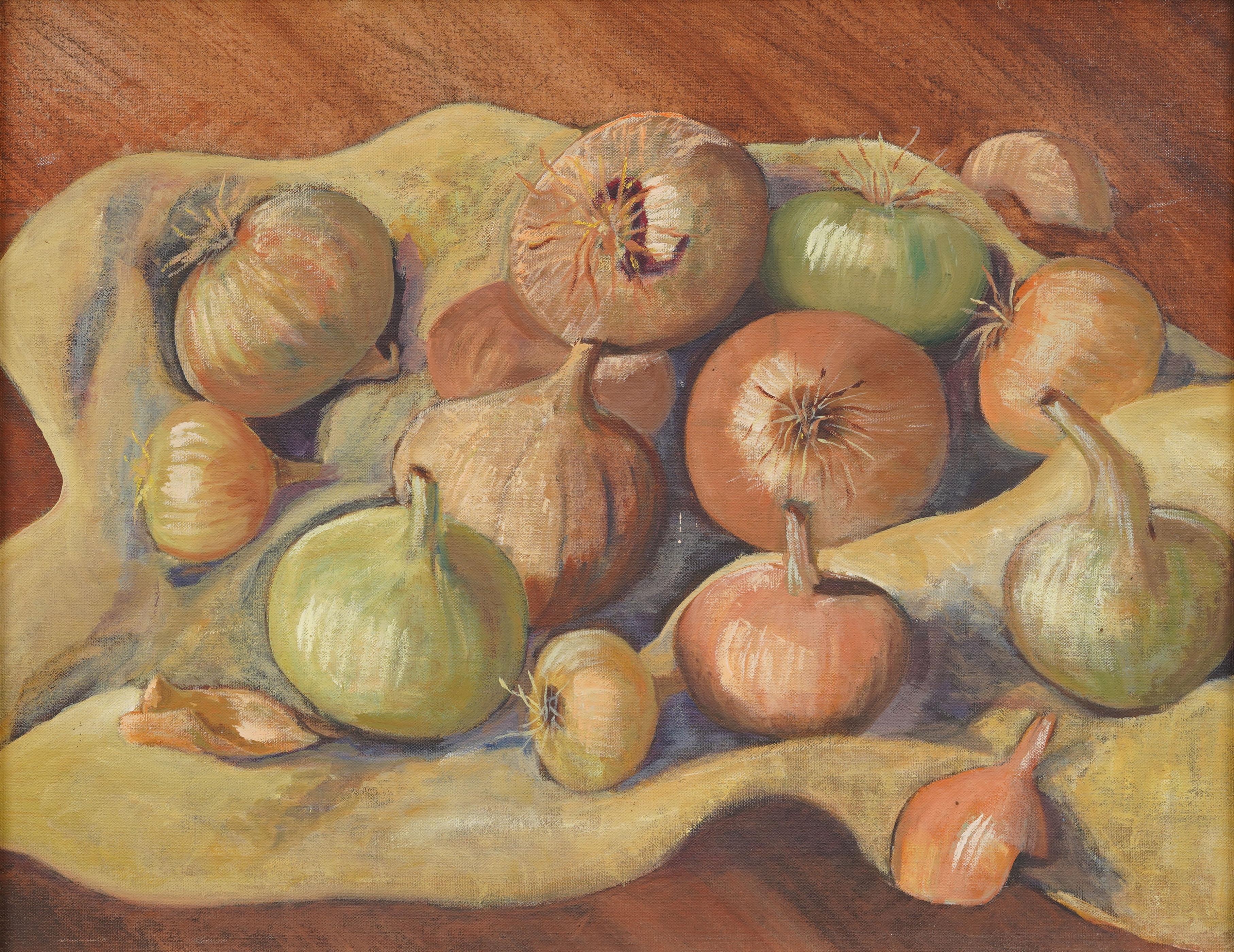 Vintage American Impressionist Gemüse Zwiebel Stillleben gerahmt Ölgemälde (Impressionismus), Painting, von Unknown