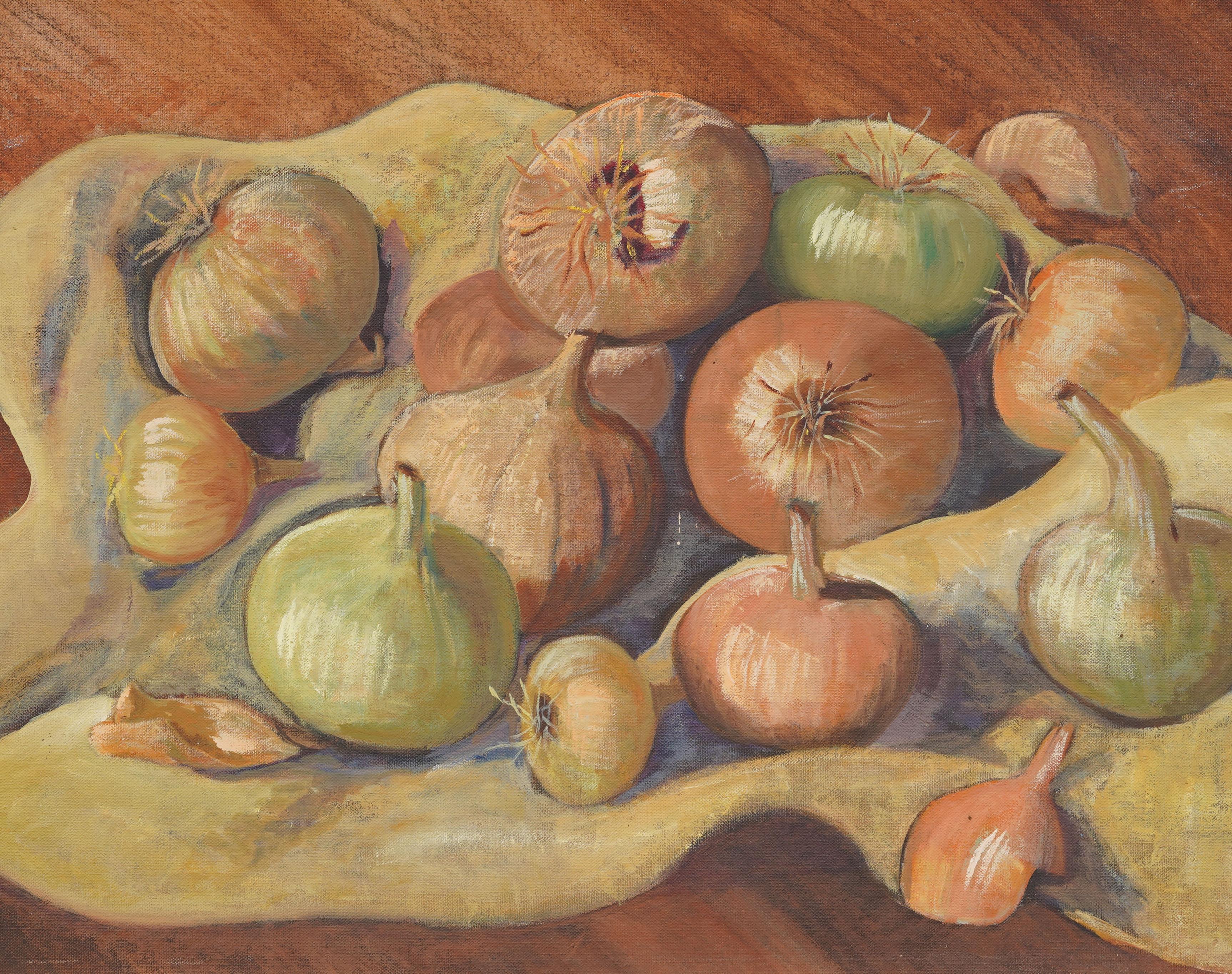 Vintage American Impressionist Gemüse Zwiebel Stillleben gerahmt Ölgemälde (Braun), Still-Life Painting, von Unknown