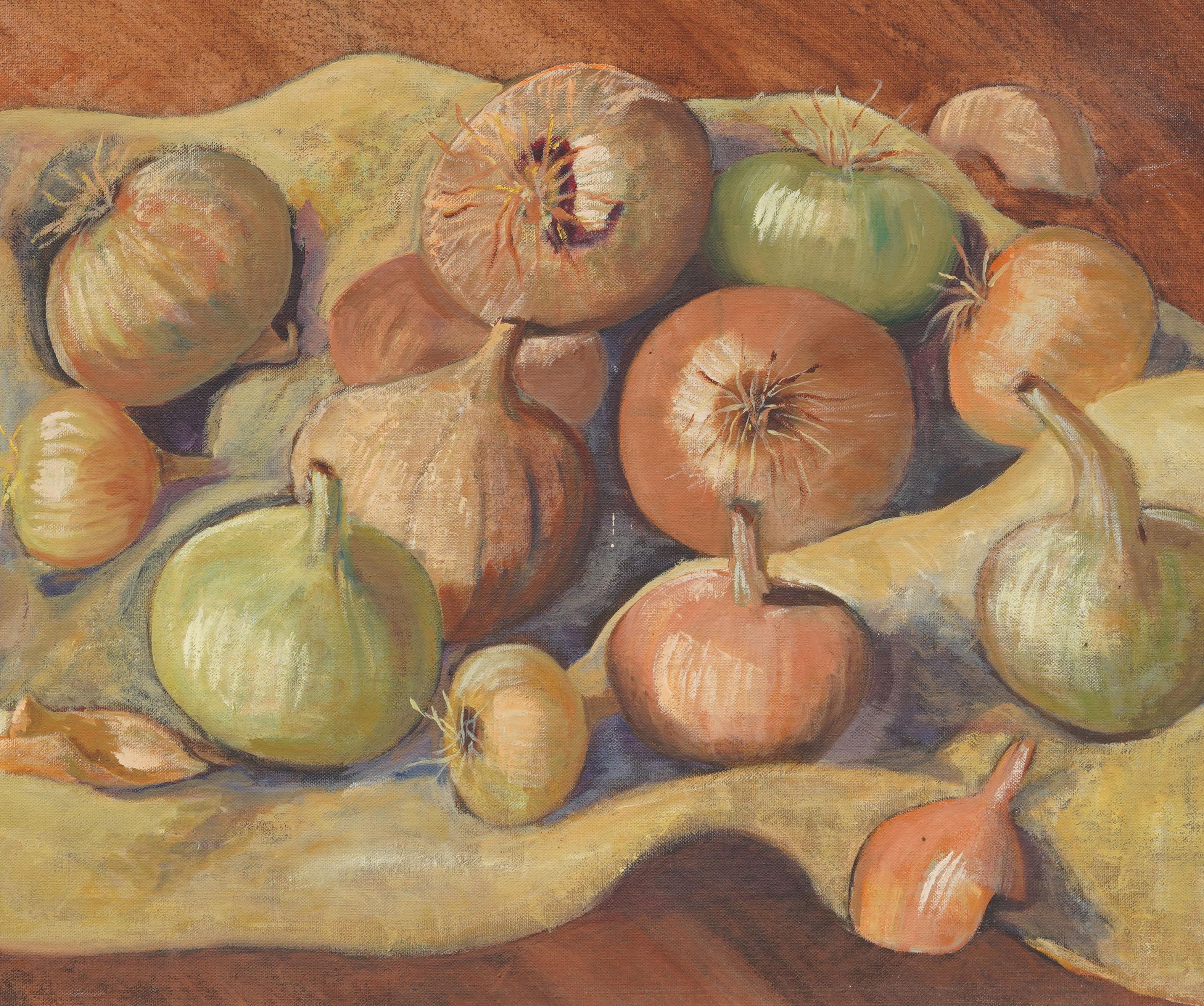 Vintage American Impressionist  Zwiebel Stillleben Ölgemälde. Öl auf Karton. Gerahmt. Maße: 20 x 24 cm insgesamt und 16 x 20 cm Gemälde allein.  In ausgezeichnetem Originalzustand. Hübsch gerahmt in modernistischem Stuck.  Ausgezeichneter Zustand,