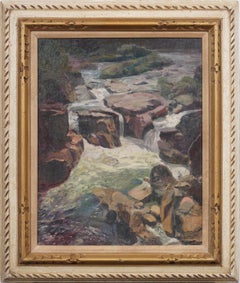 Vintage American Impressionist Waterfall Landscape Signed Framed Oil Painting