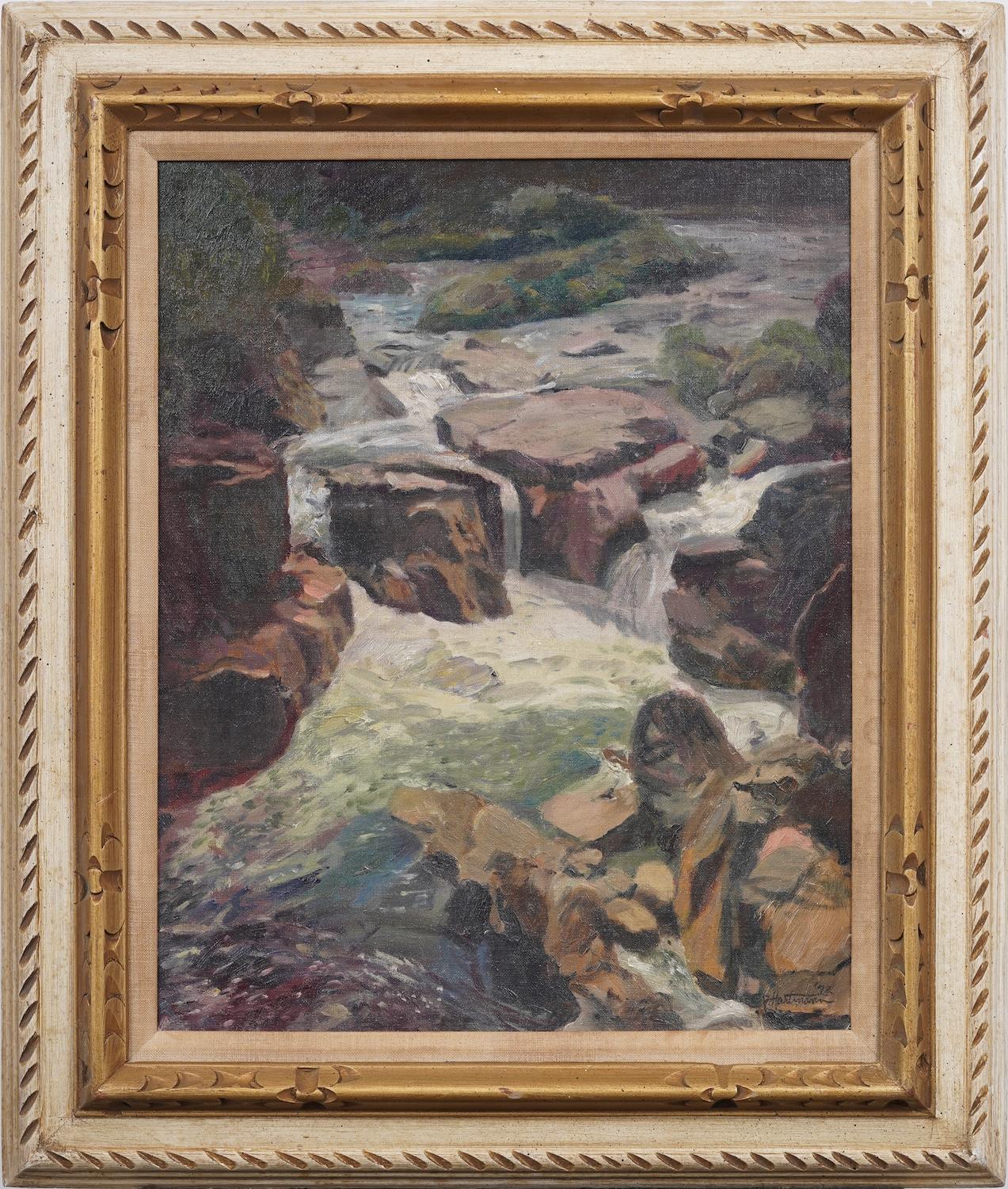 Vintage American Impressionist Waterfall Landscape Signed Framed Oil Painting