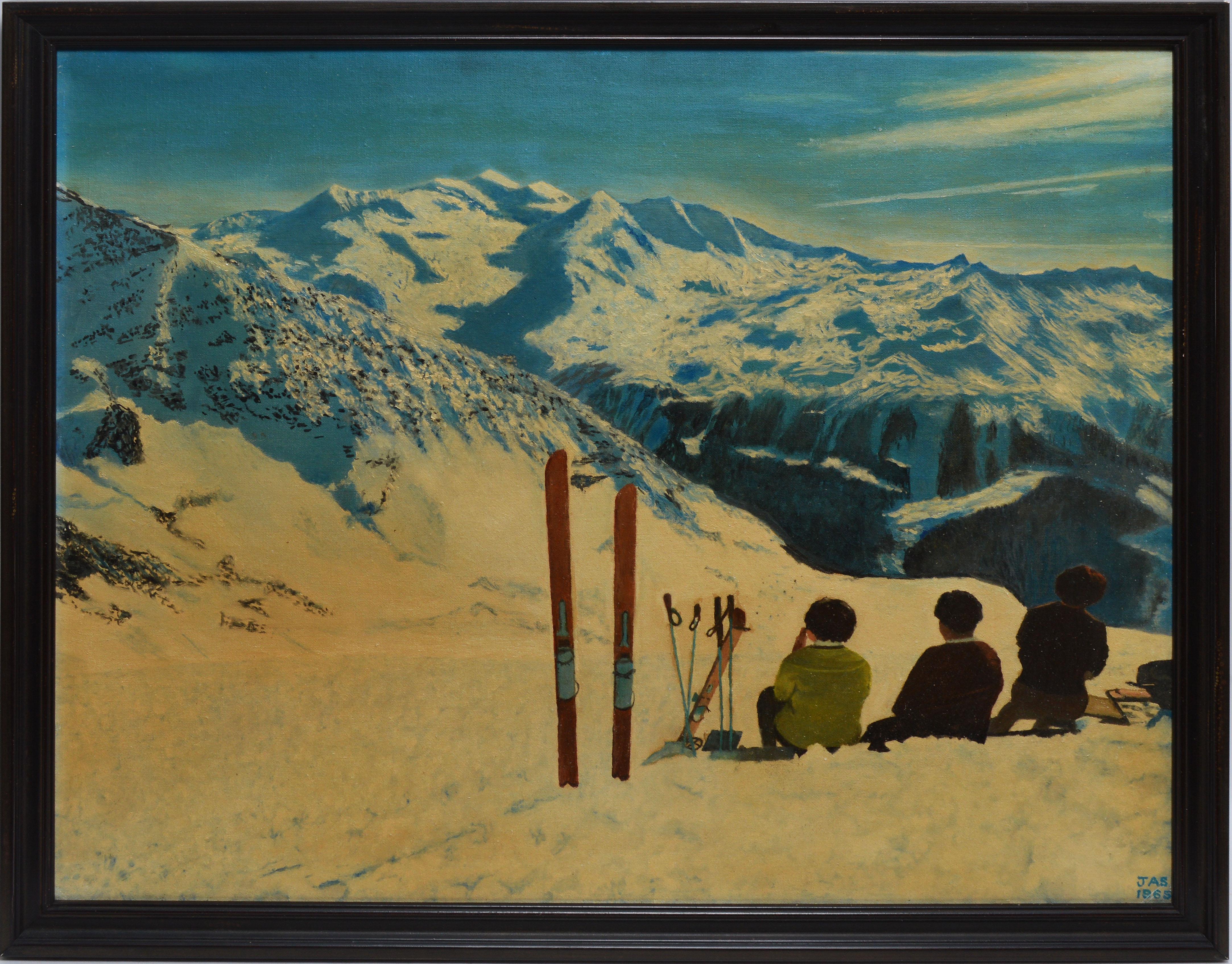 Unknown Animal Painting - Vintage American Impressionist Winter Mountain Ski Trip Signed Oil Painting
