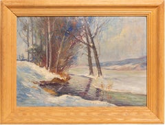 Vintage American Impressionist Winter Snow River Landscape Framed Oil Painting