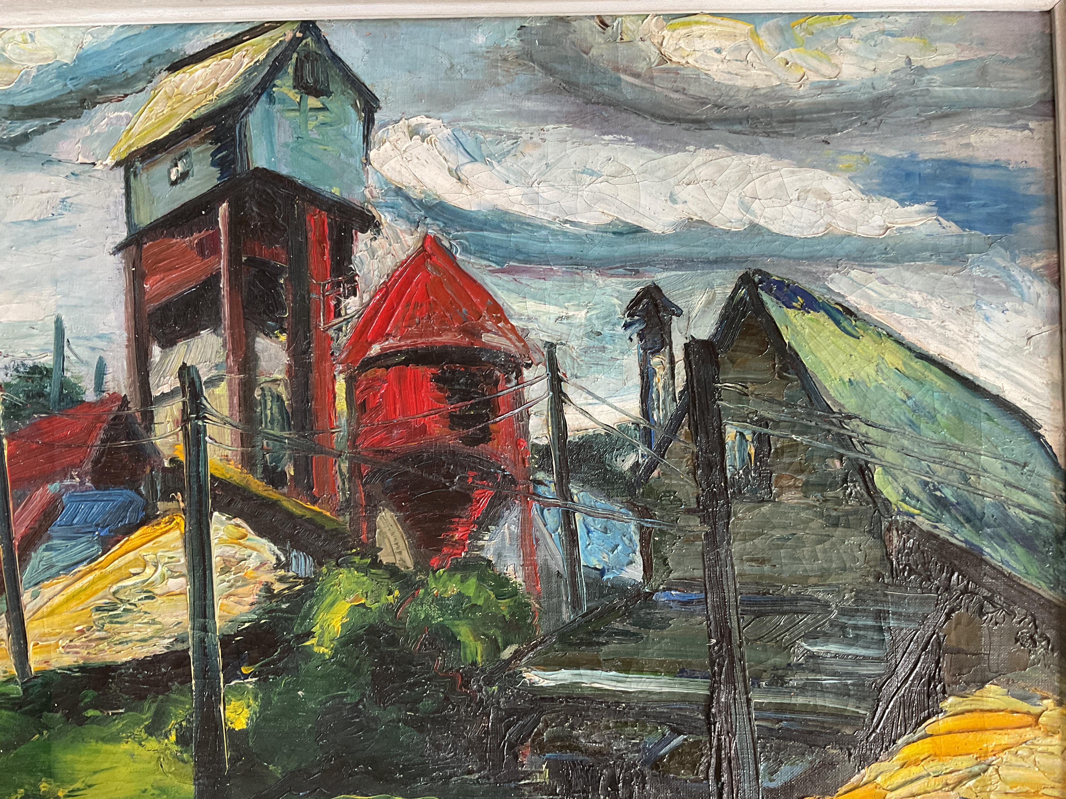 This is an unsigned but wildly expressionist American industrial landscape that dates to the 1930’s. It exudes drama and color and really is the essence of the WPA period of American art meeting expressionism of the same or slightly earlier period. 