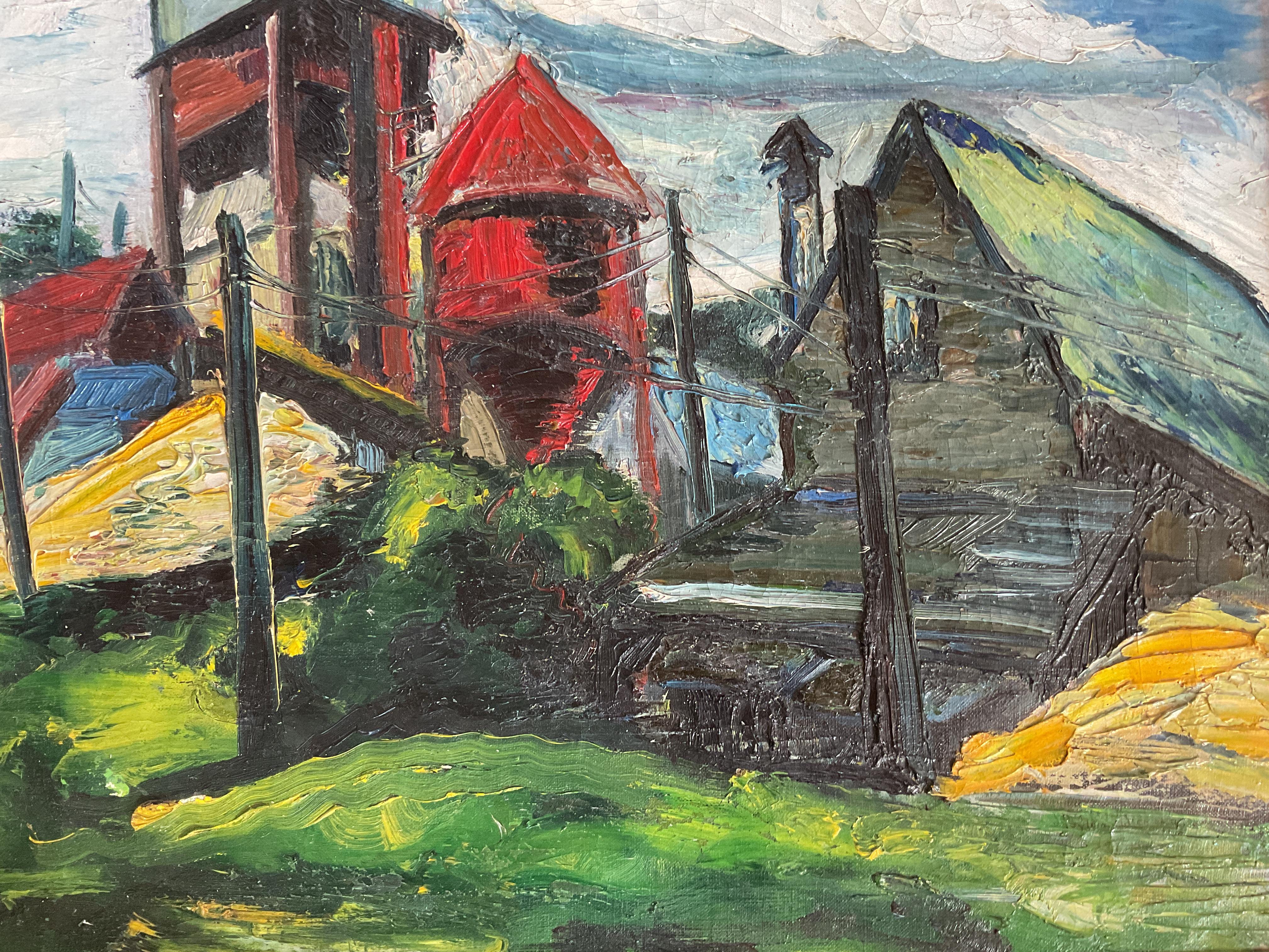 Peinture à l'huile d'un paysage industriel moderniste américain, vers 1930  - Expressionniste Painting par Unknown