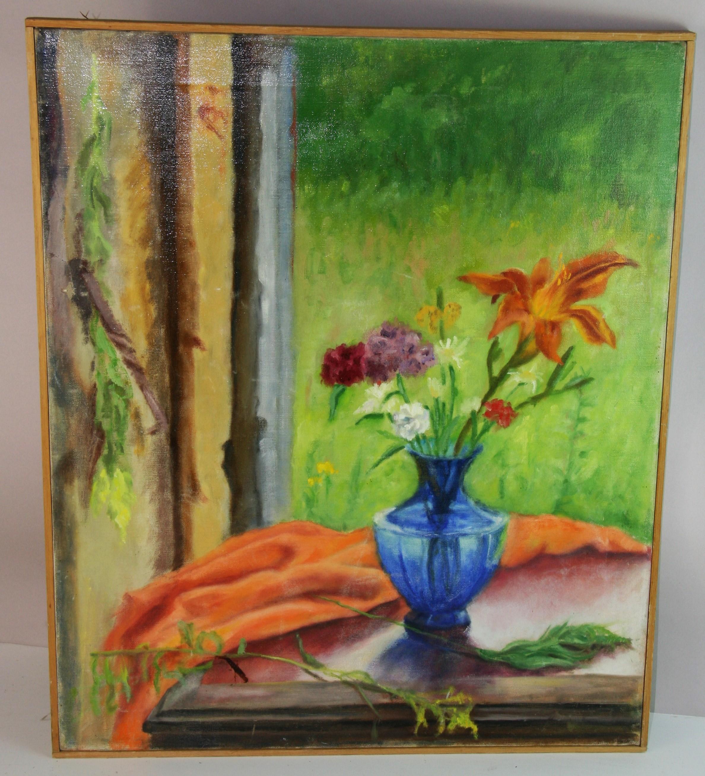 Unknown Interior Painting - Vintage American Interior Scene "Tiger Lillies on the Window Sill"
