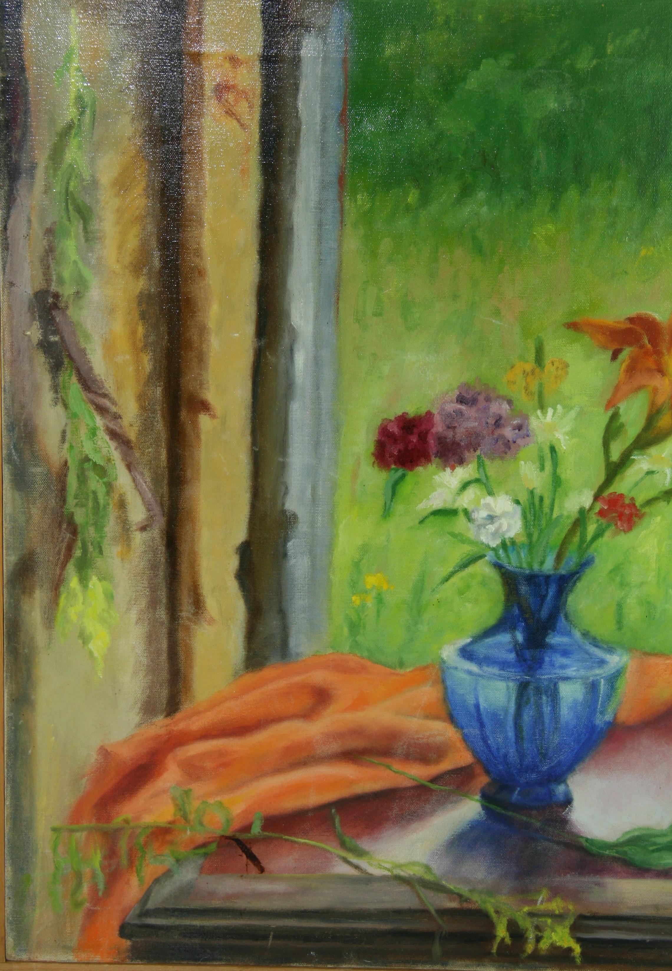 5161 Interior scene tiger lillies in a blue vase on a window sill lookin thru a window.
signed on verso Dznoweha