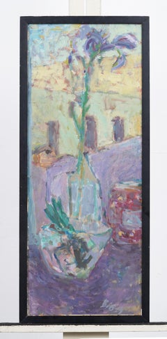 Pittura ad olio d'epoca con fiori di iris americano, natura morta