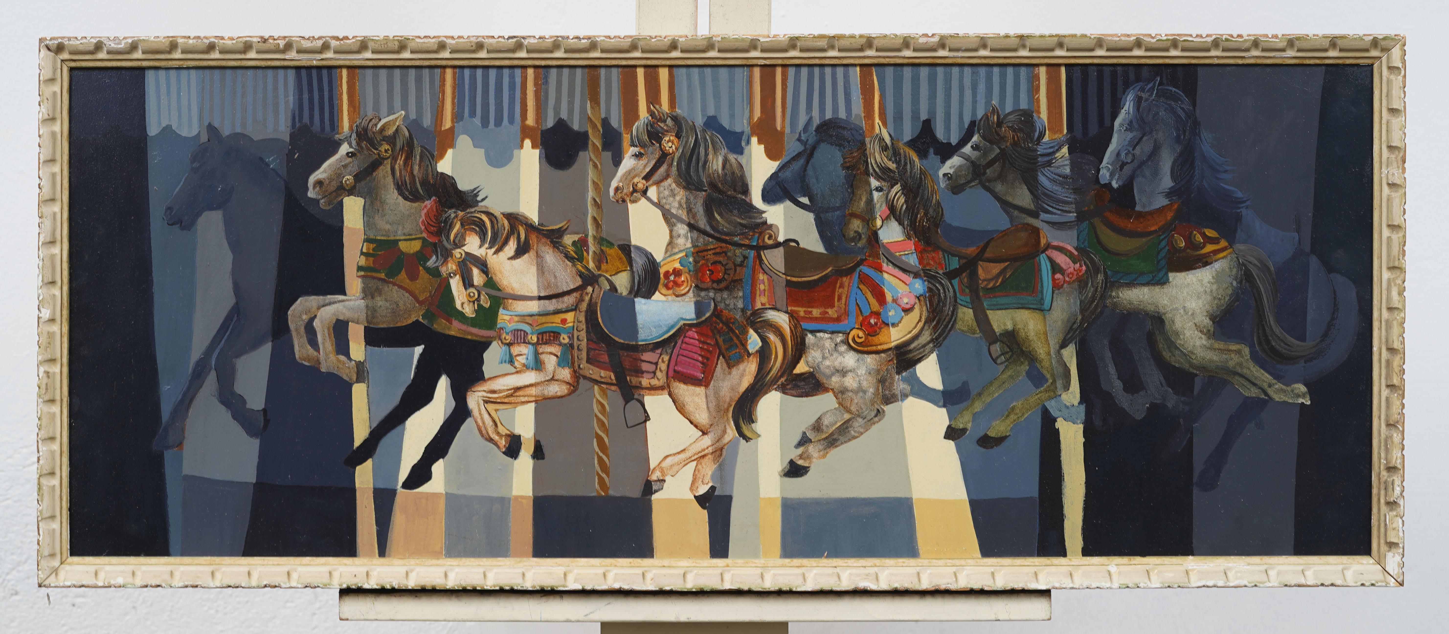 Vintage American Merry Go Round Horse Carousel Framed Modern Oil Painting - Black Animal Painting by Unknown