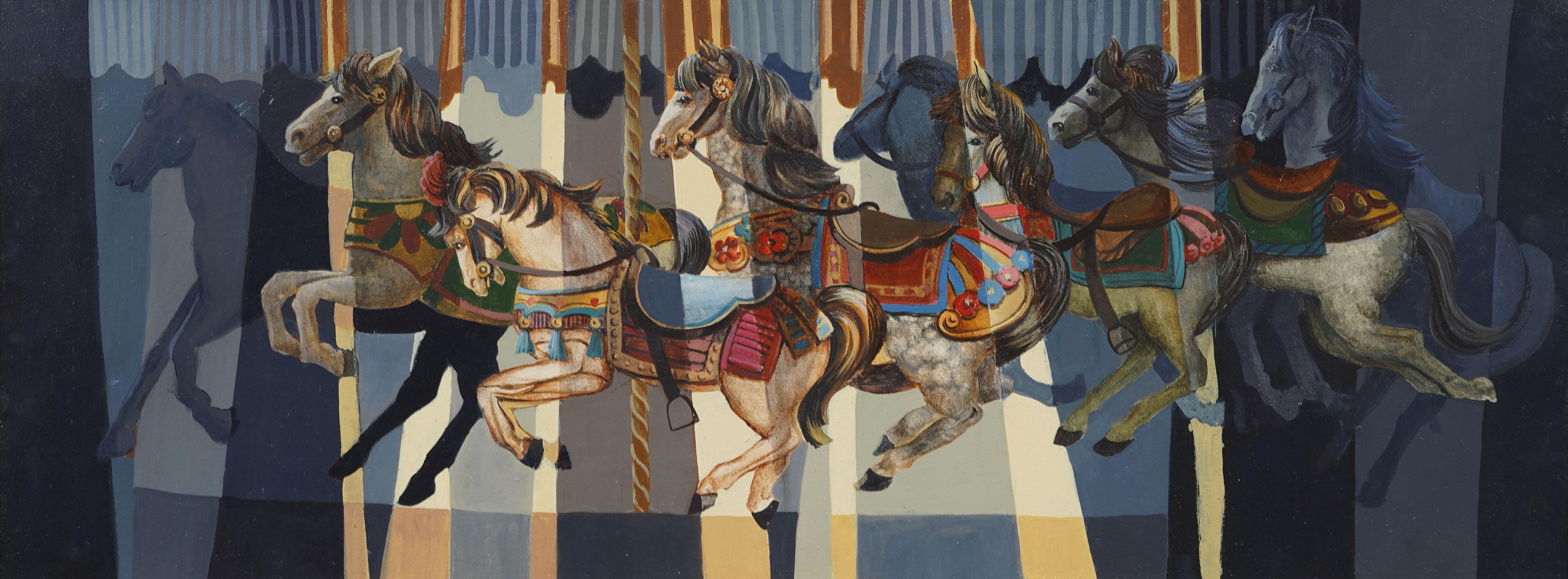 Vintage American modernist merry go round portrait painting.  Oil on board.  Nicely framed.  Excellent, ready to hang condition. 
