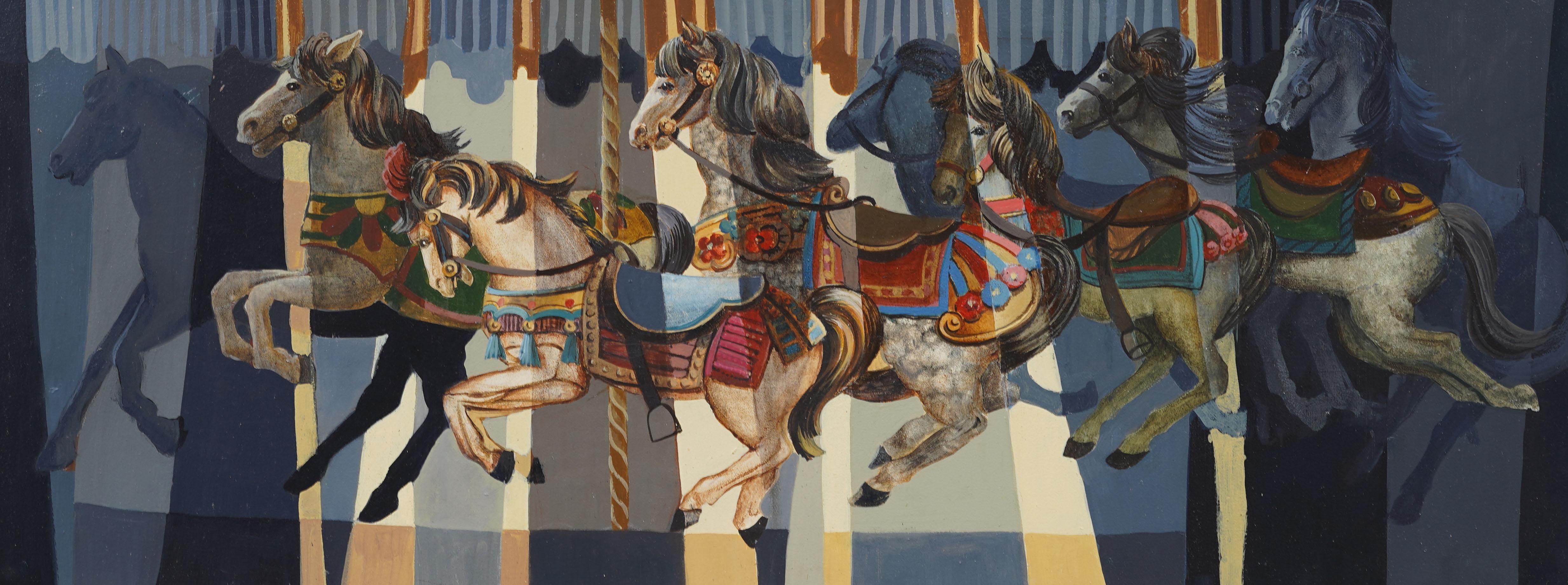 Vintage American Merry Go Round Horse Carousel Framed Modern Oil Painting For Sale 1