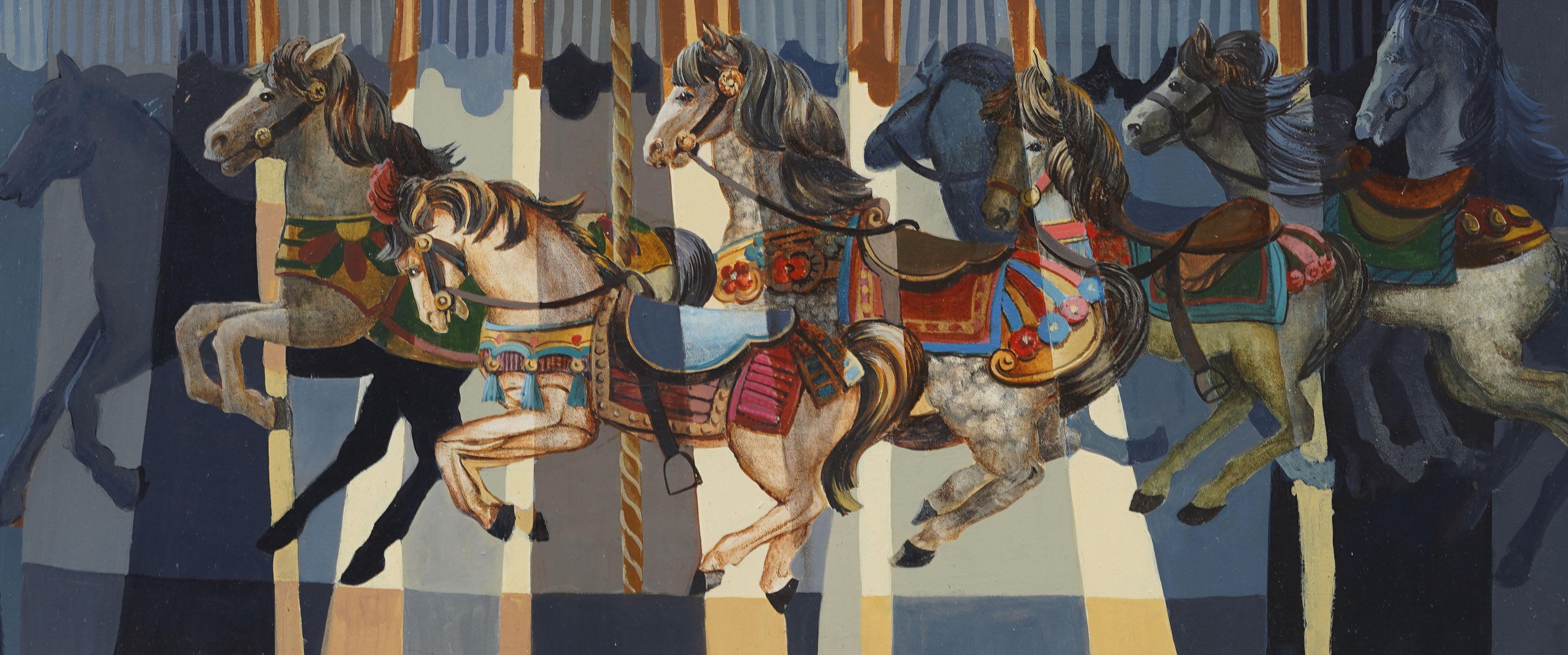 Vintage American Merry Go Round Horse Carousel Framed Modern Oil Painting For Sale 2