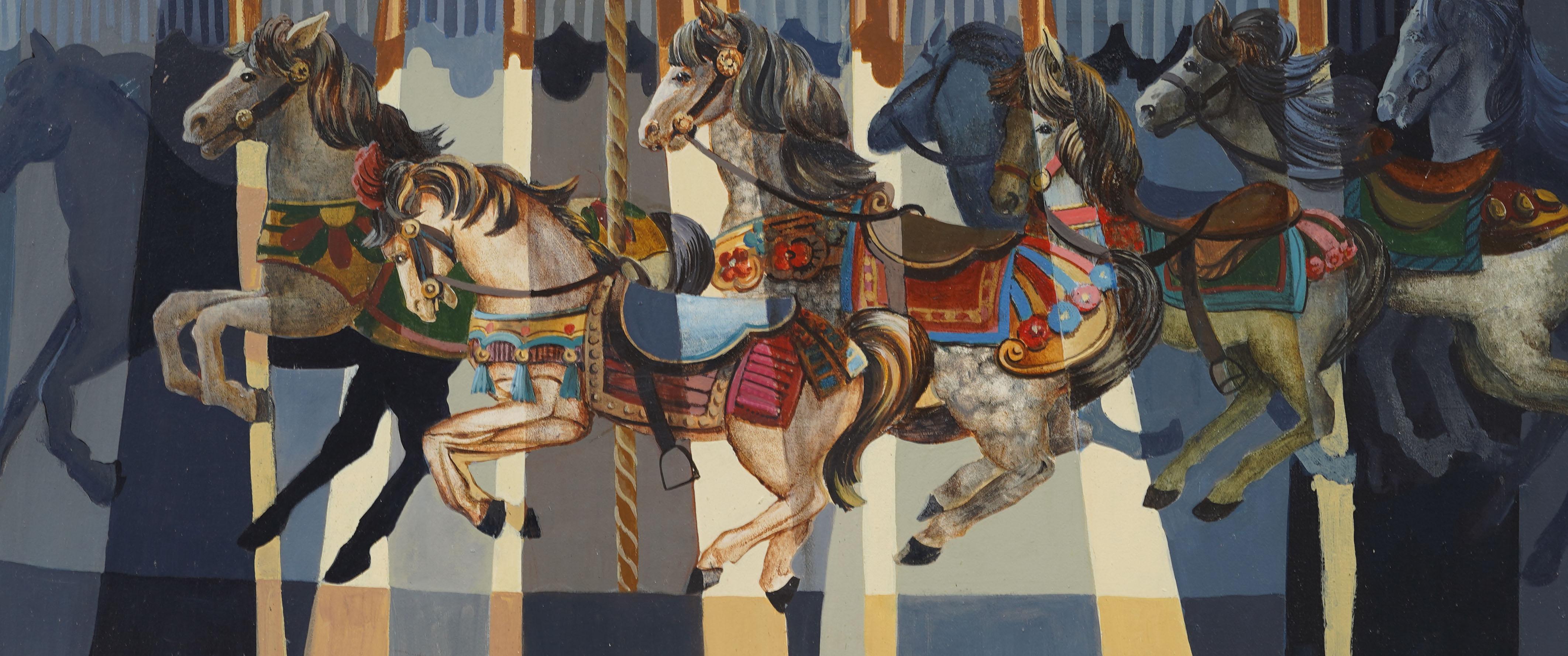 Vintage American Merry Go Round Horse Carousel Framed Modern Oil Painting For Sale 3