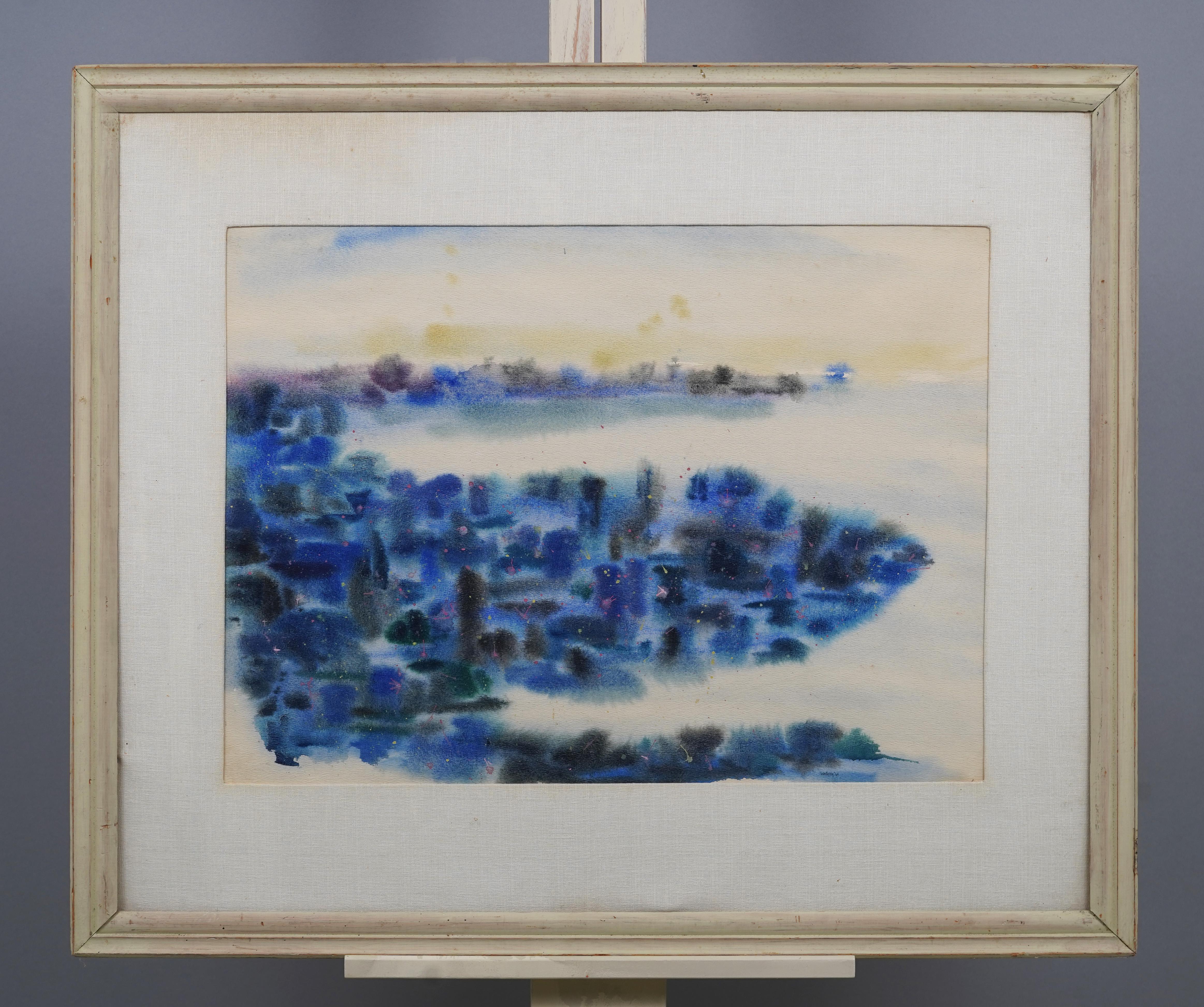 Vintage American Mid Century Modern Paisaje abstracto Pintura en acuarela - Painting Abstracto de Unknown