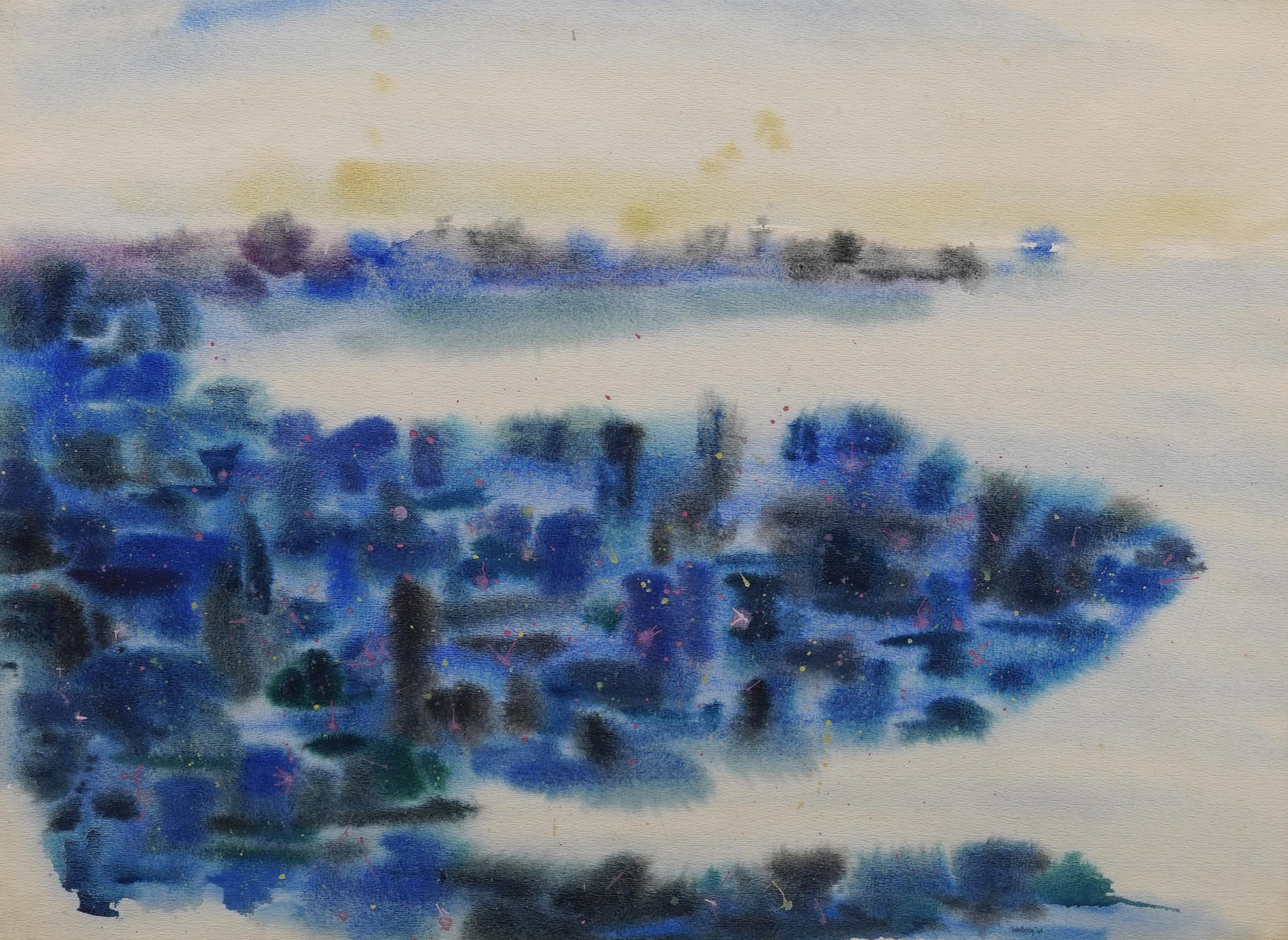 Vintage American Mid Century Modern Paisaje abstracto Pintura en acuarela - Landscape Painting Gris de Unknown