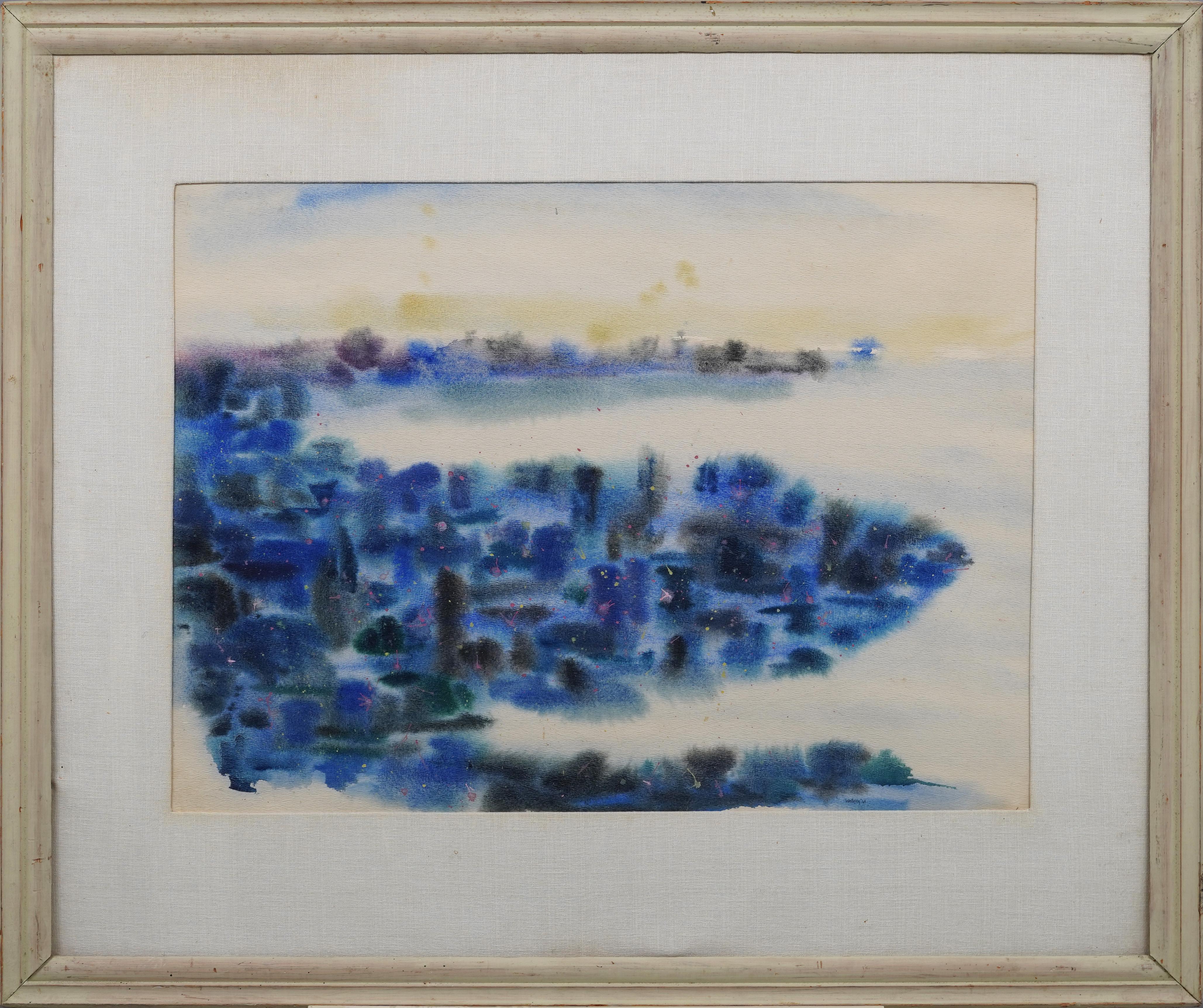 Landscape Painting de Unknown - Vintage American Mid Century Modern Paisaje abstracto Pintura en acuarela