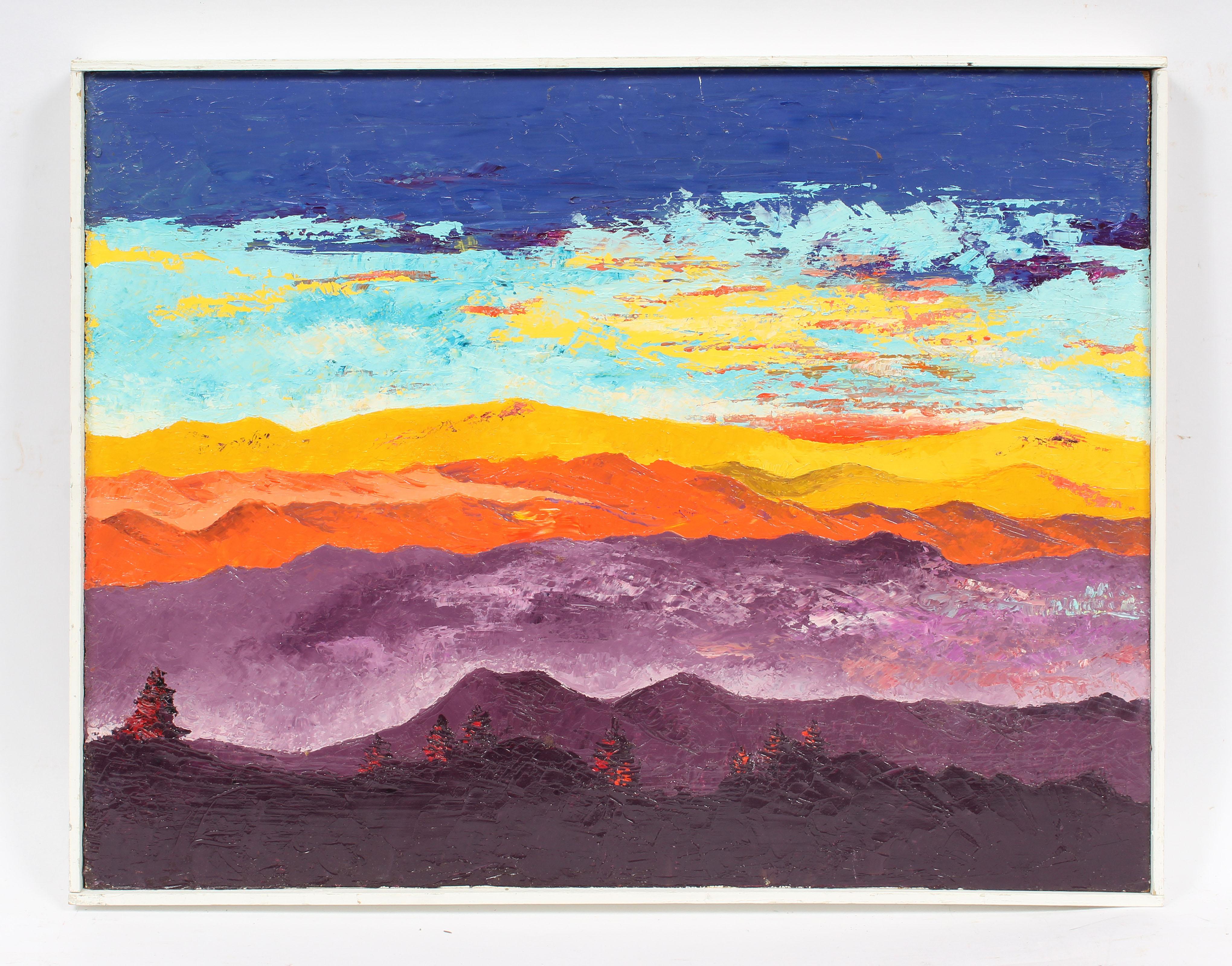 Peinture à l'huile abstraite américaine vintage du milieu du siècle dernier représentant une montagne de coucher de soleil, signée - Painting de Unknown