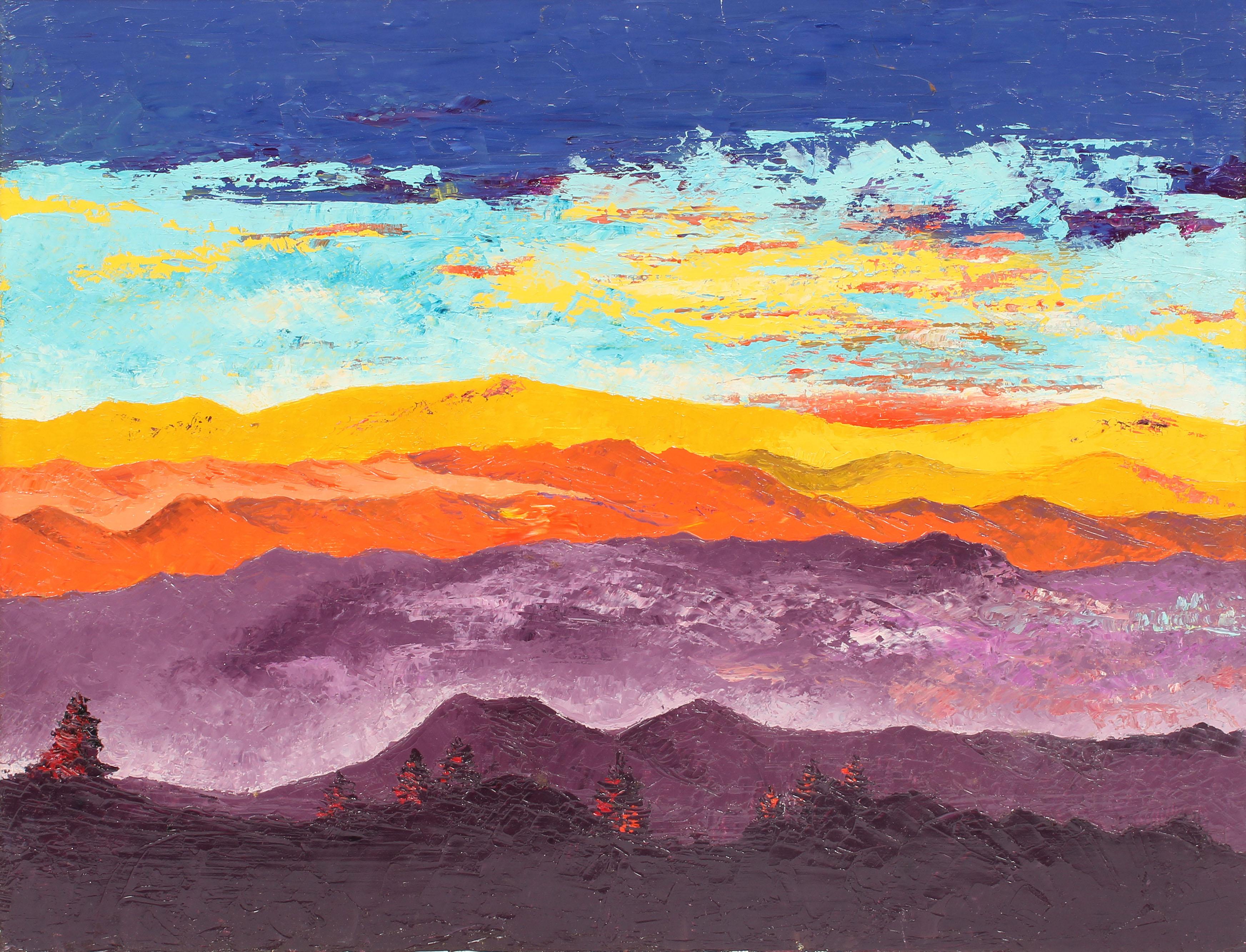 Peinture à l'huile abstraite américaine vintage du milieu du siècle dernier représentant une montagne de coucher de soleil, signée - Moderne Painting par Unknown
