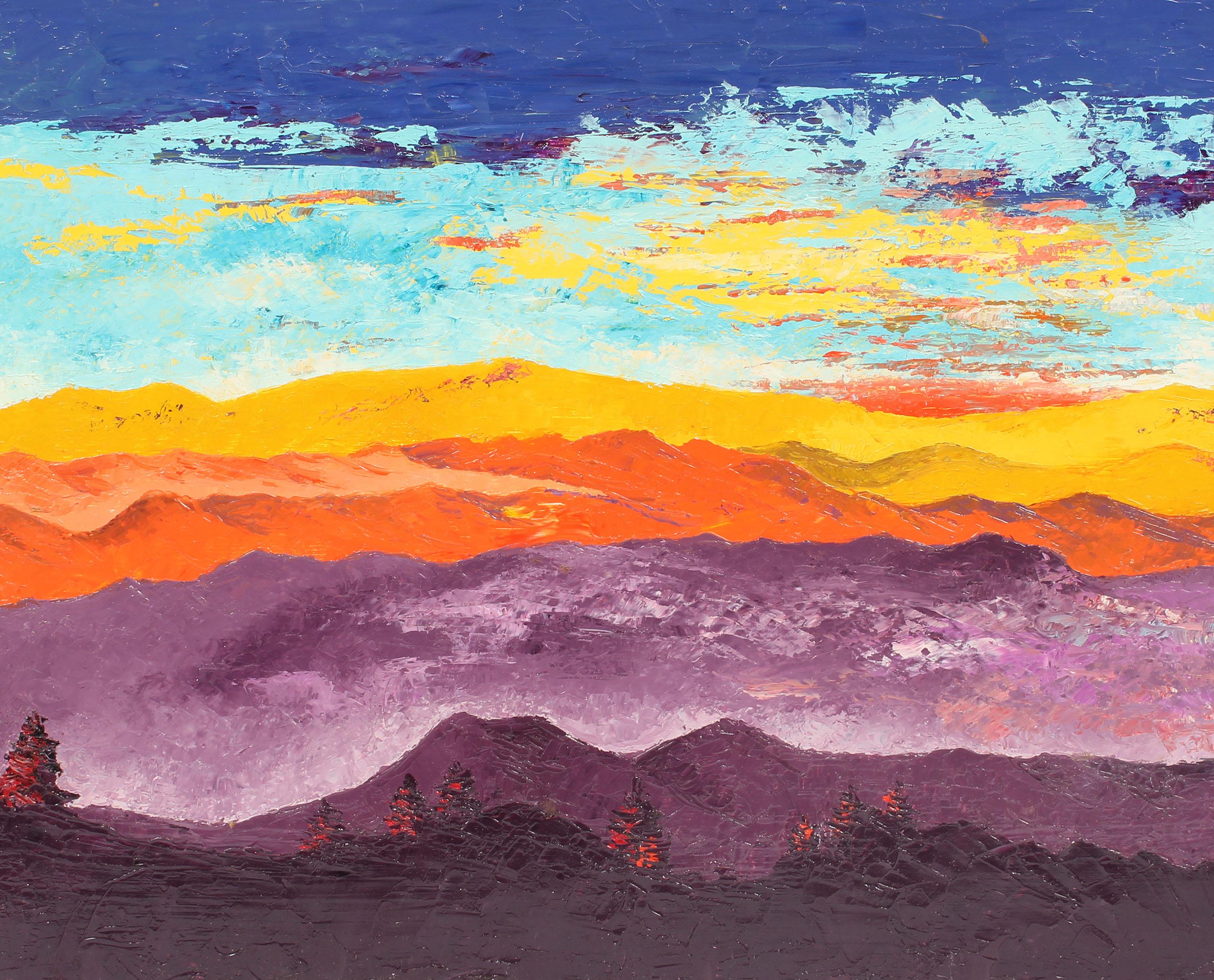 Peinture à l'huile abstraite américaine vintage du milieu du siècle dernier représentant une montagne de coucher de soleil, signée - Gris Landscape Painting par Unknown