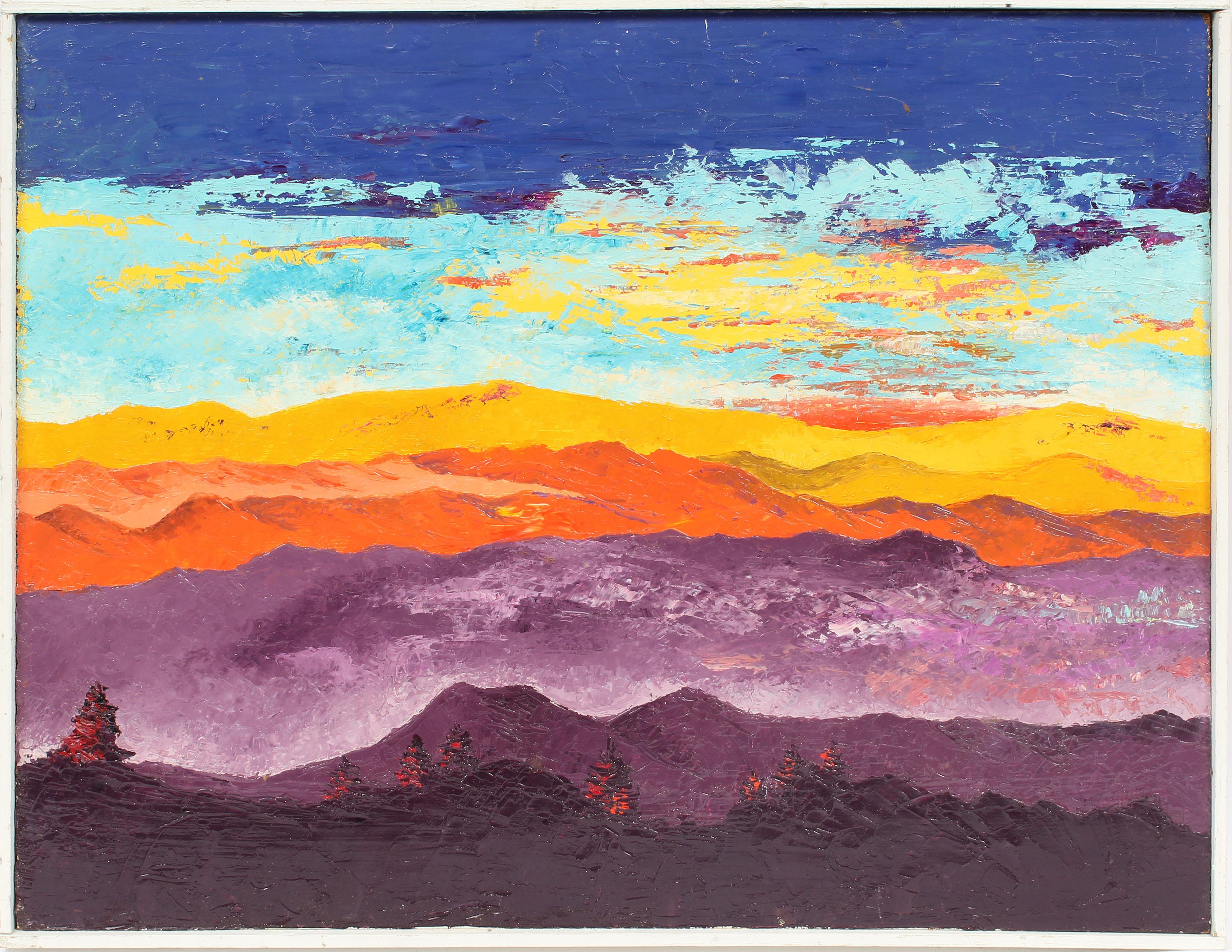 Vintage American Mid Century Modern Sunset Mountain Signed Abstract Oil Painting