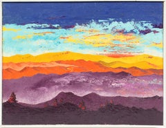 Antique American Mid Century Modern Sunset Mountain Signed Abstract Oil Painting