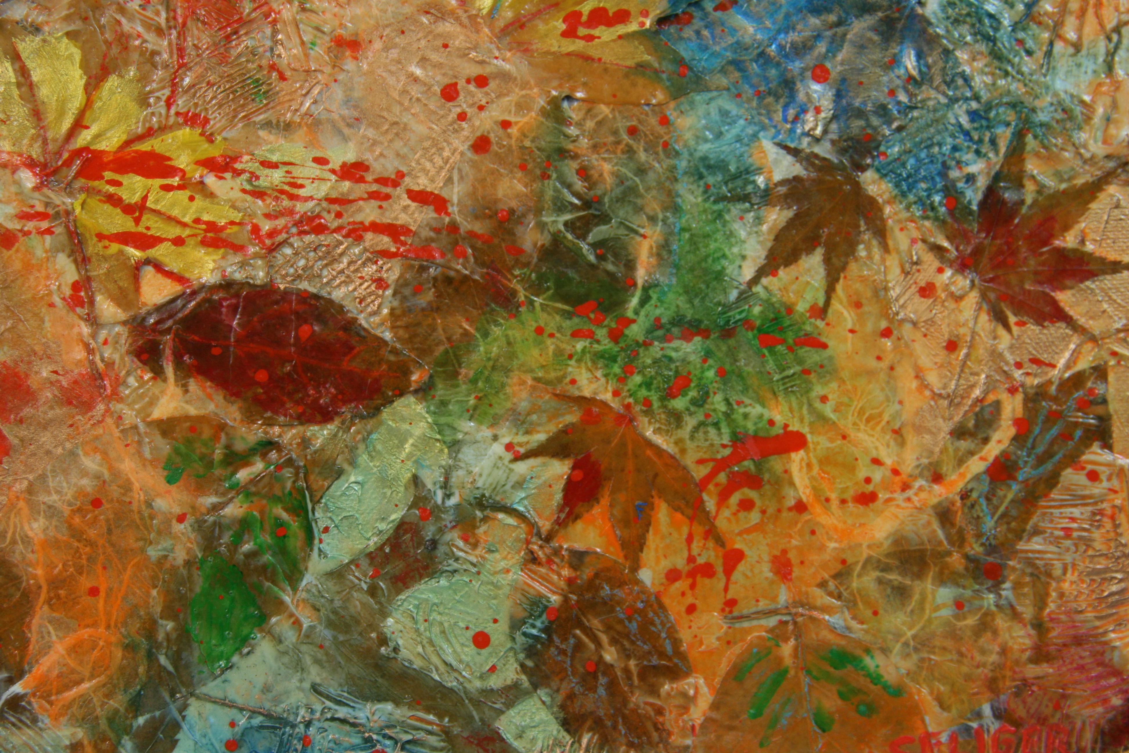 5038 Vintage American  oil paint and dried leaves on stretched canvas
Vintage frame 
Image size 11.5x 13.5