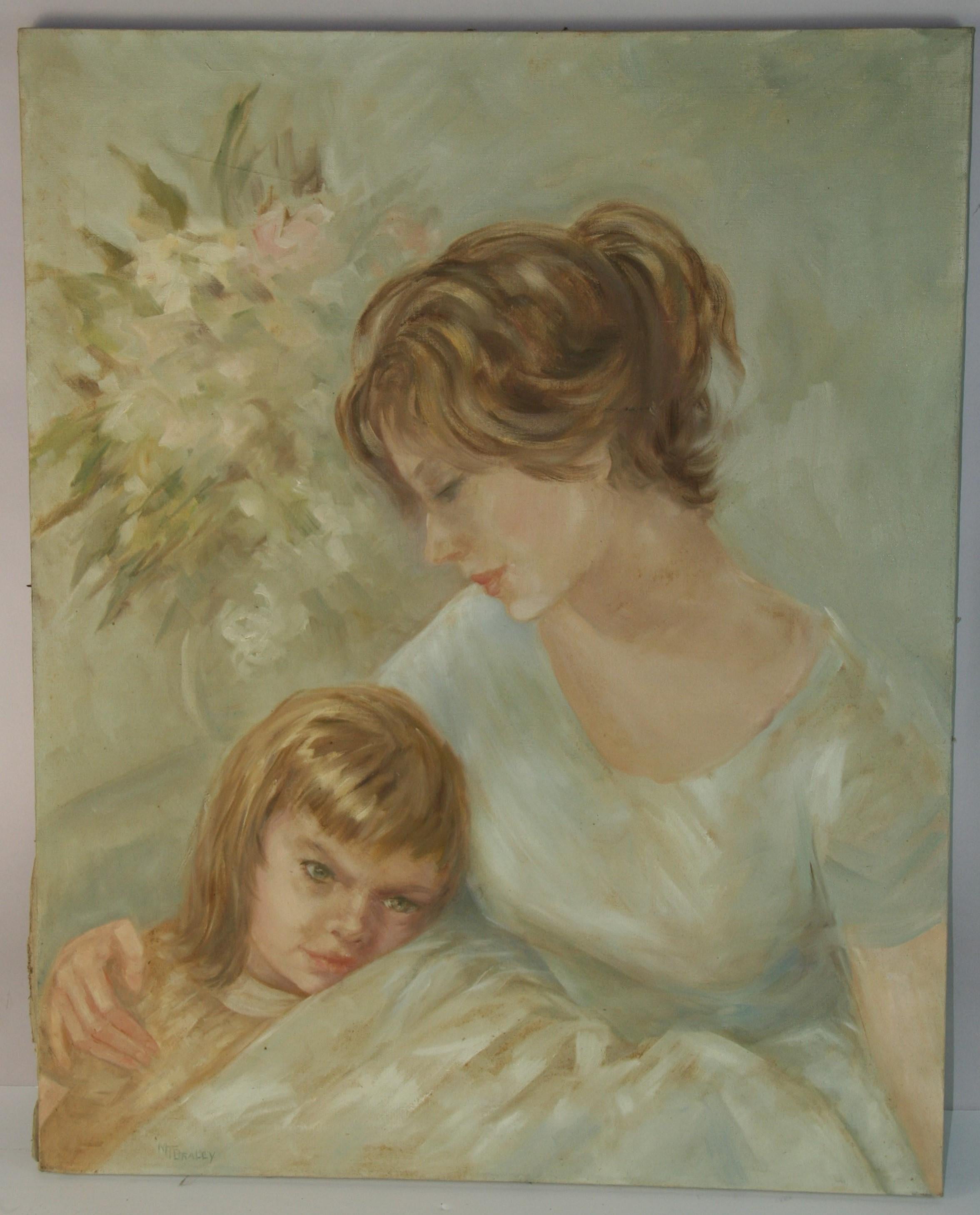 Vintage American Modern Oil Painting  Mother and Daughter by MT Braley - Brown Figurative Painting by Unknown