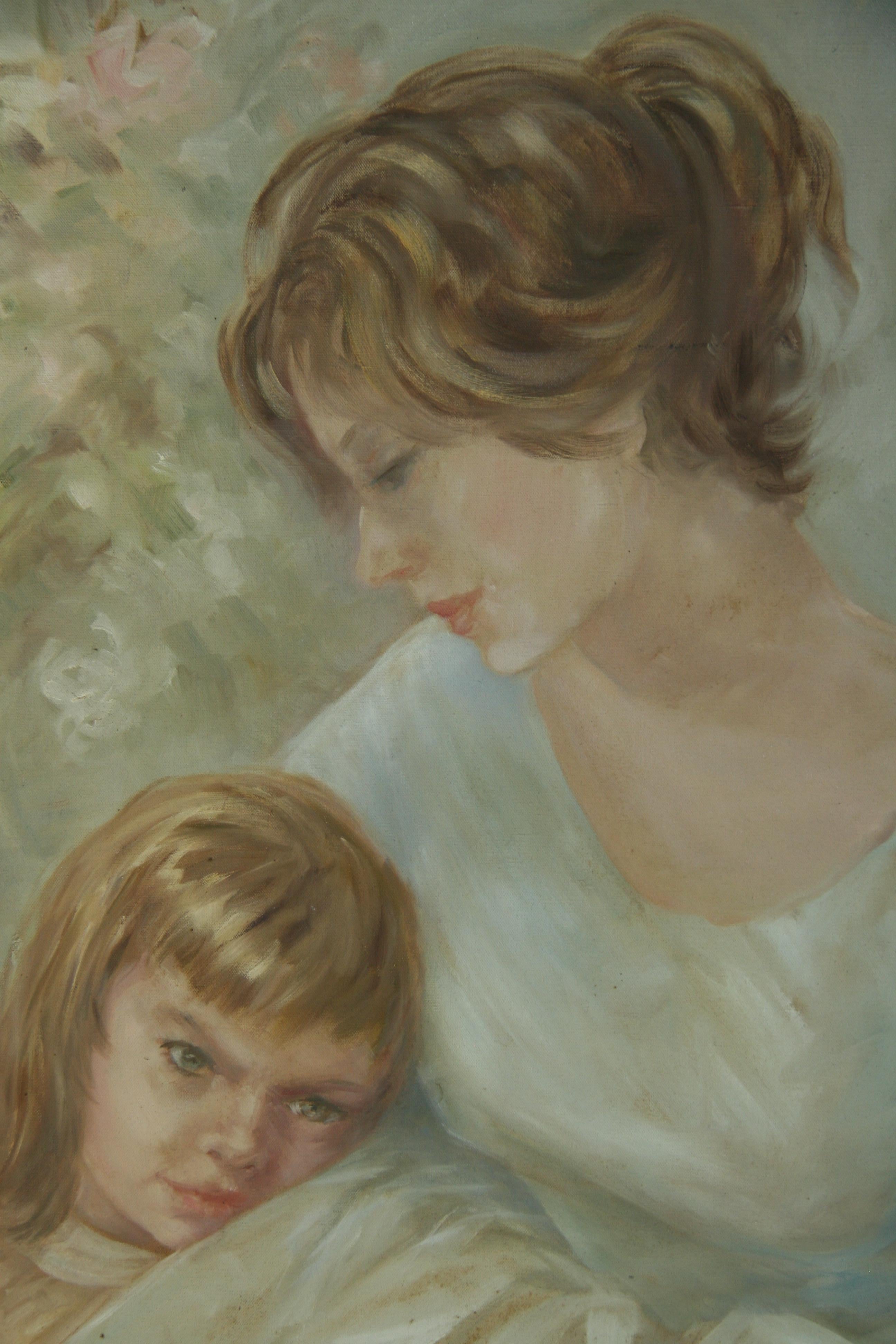 5166 Vintage American modernist  oil on canvas of a mother and  daughter