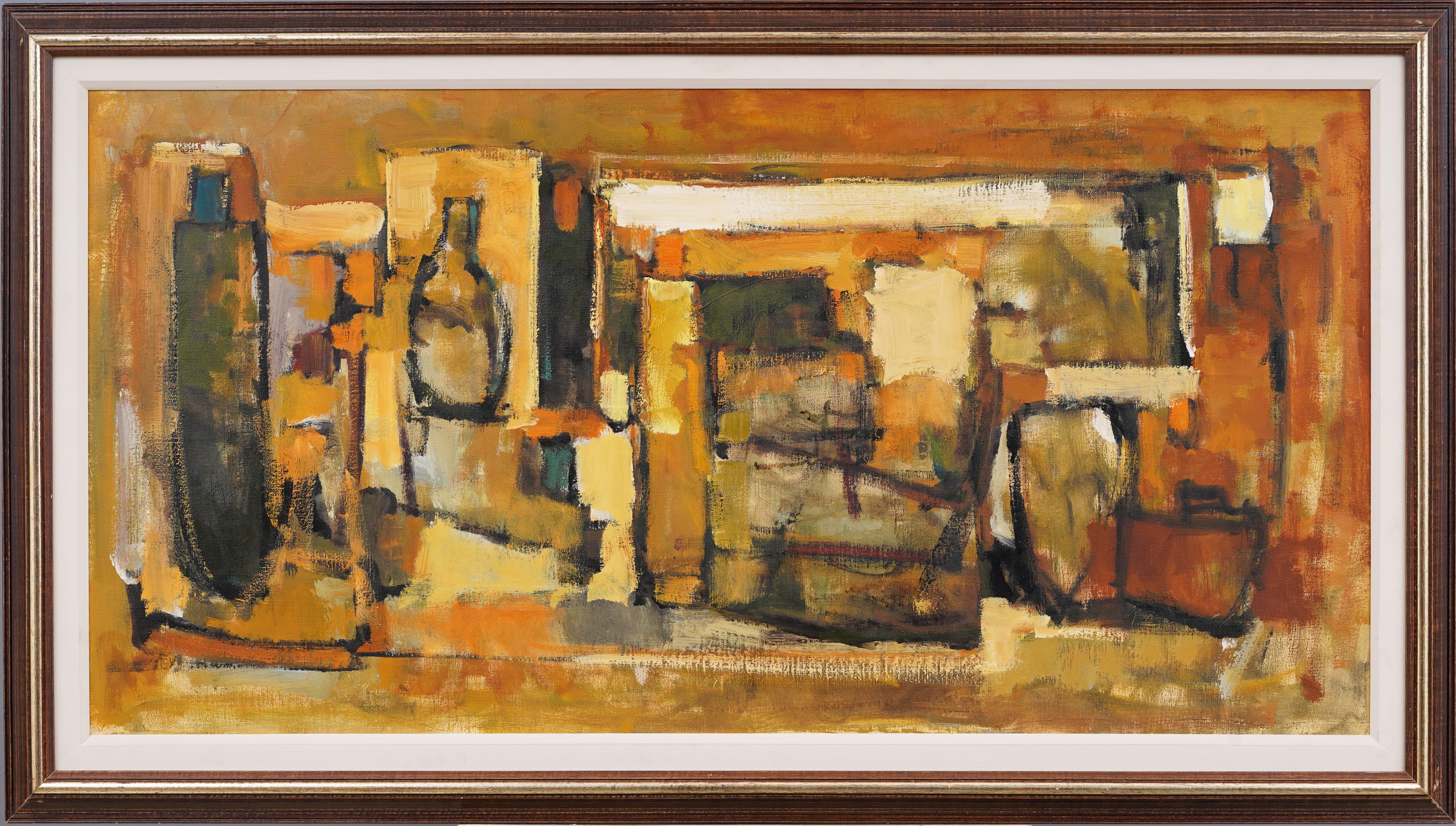 Vintage American Modernist Abstract Cubist Still Life Pittura a olio con cornice