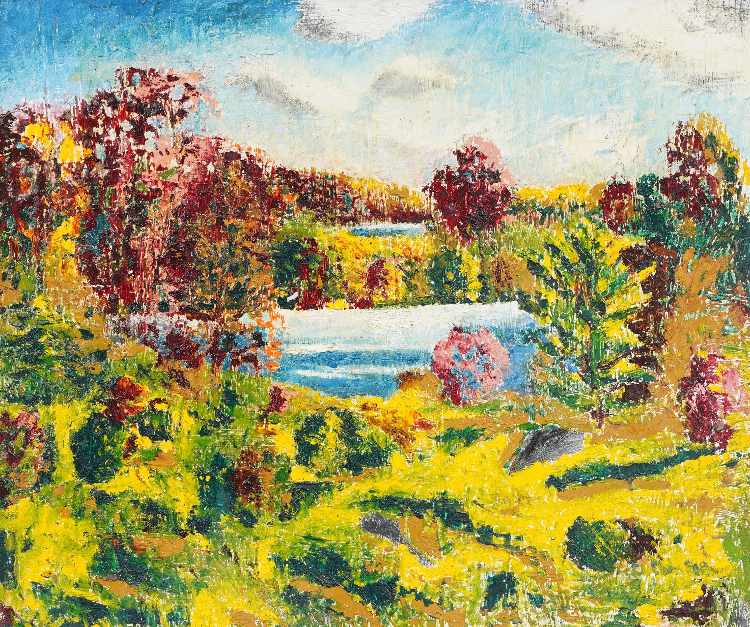 Vintage American Modernist Abstract Expressionist Gerahmte Landschaft Ölgemälde (Abstrakter Expressionismus), Painting, von Unknown