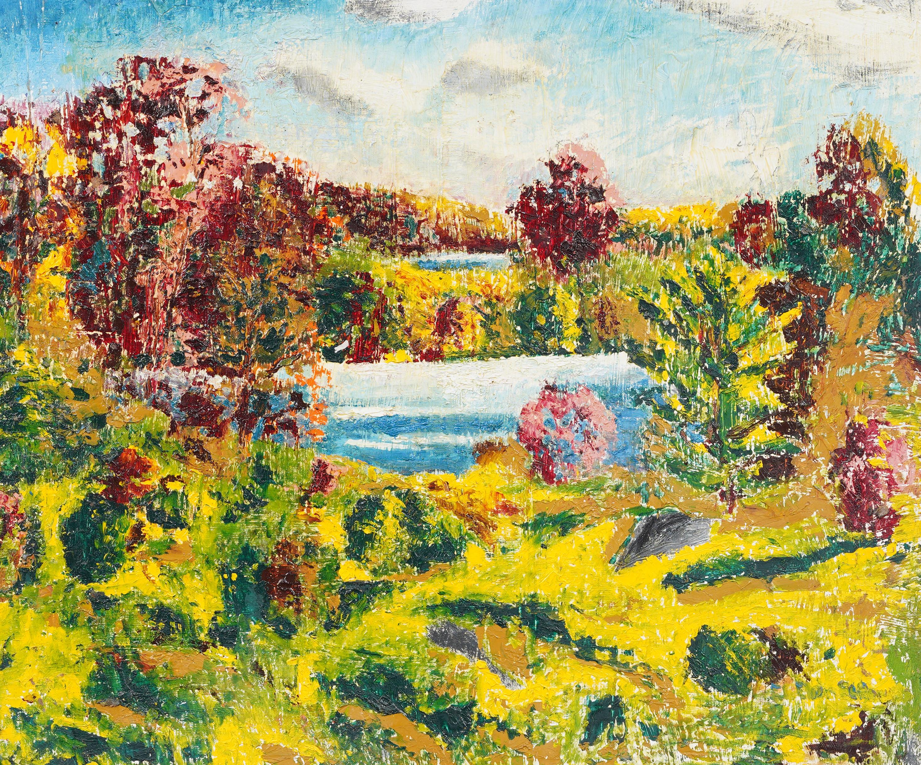 Vintage American Modernist Abstract Expressionist Gerahmte Landschaft Ölgemälde (Braun), Landscape Painting, von Unknown