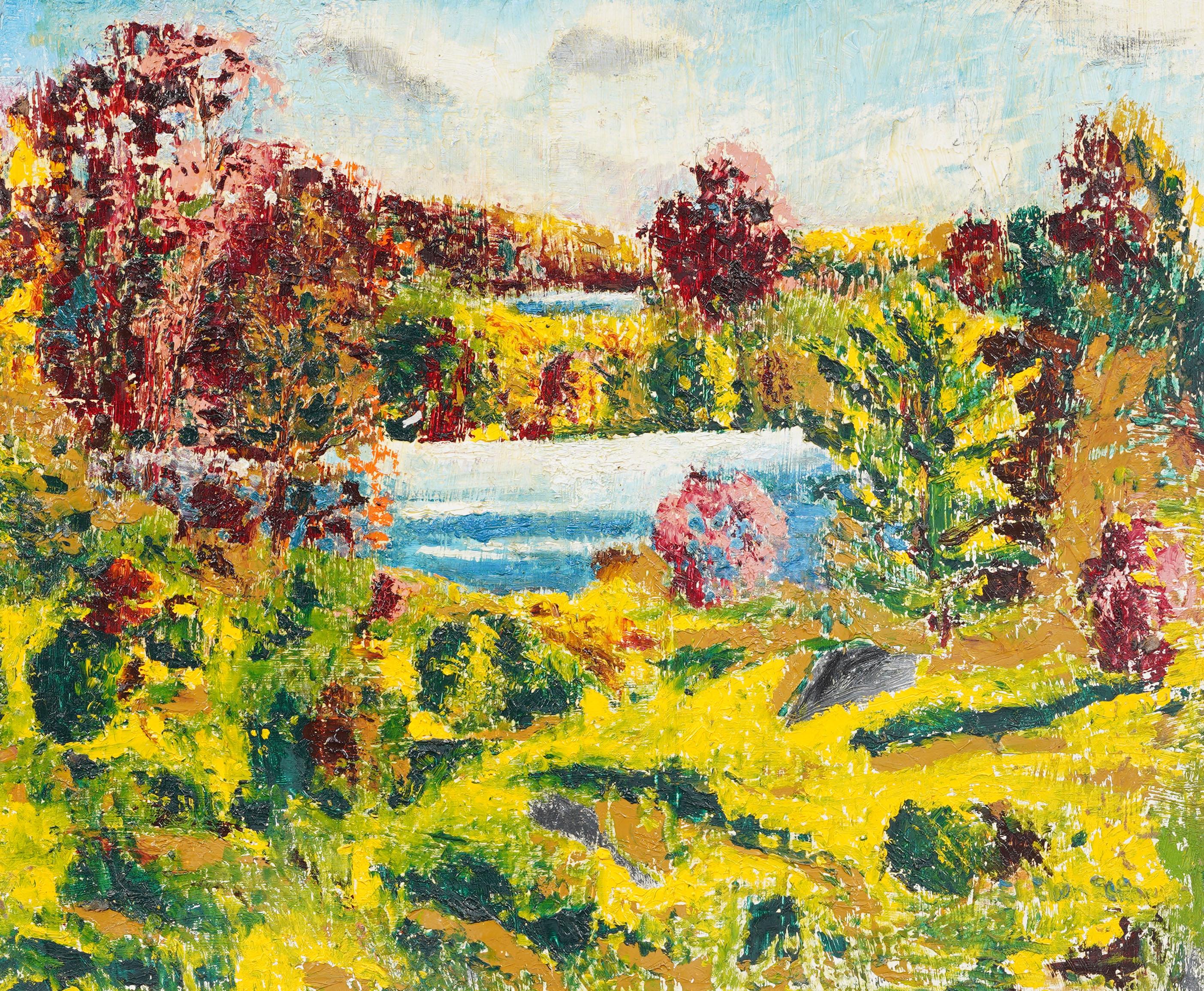 Vintage American modernist abstrakte Landschaft Ölgemälde. Öl auf Karton. Gerahmt. Messen: 28 von 32 Zoll insgesamt, und 20 von 24 Malerei allein.  In ausgezeichnetem Originalzustand. Hübsch gerahmt in modernistischem Stuck.  Ausgezeichneter