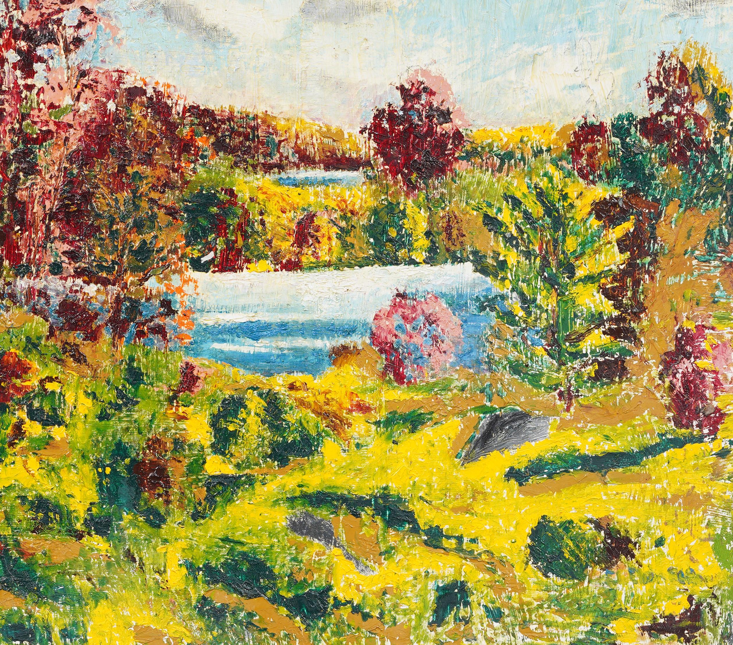 Vintage American Modernist Abstract Expressionist Gerahmte Landschaft Ölgemälde im Angebot 1