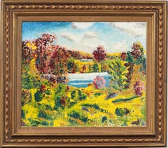 Peinture à l'huile de paysage moderniste abstrait expressionniste américain vintage encadrée