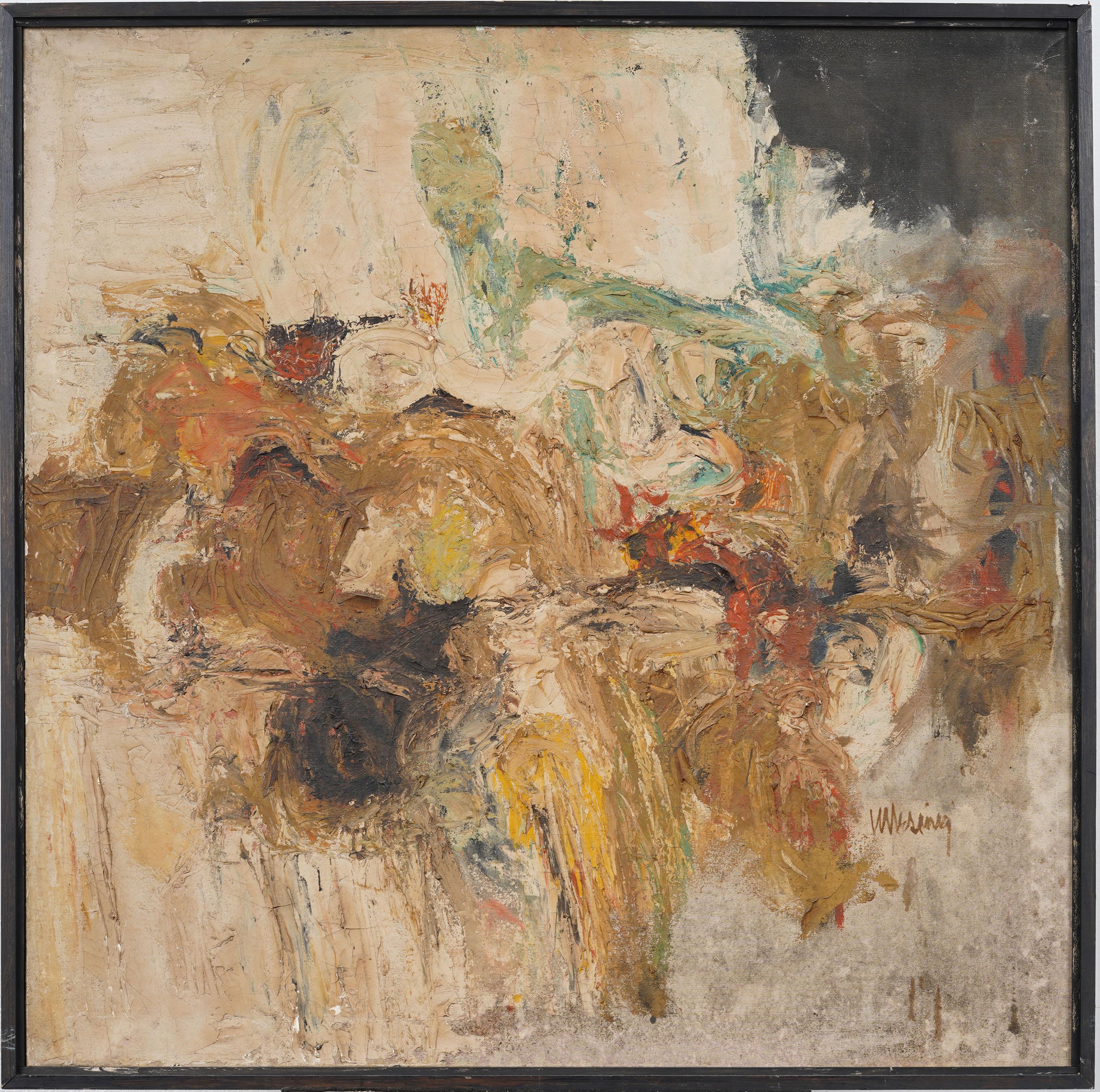 Vintage American Modernist Abstract Expressionist Framed Large Oil Painting - Brown Abstract Painting by Unknown